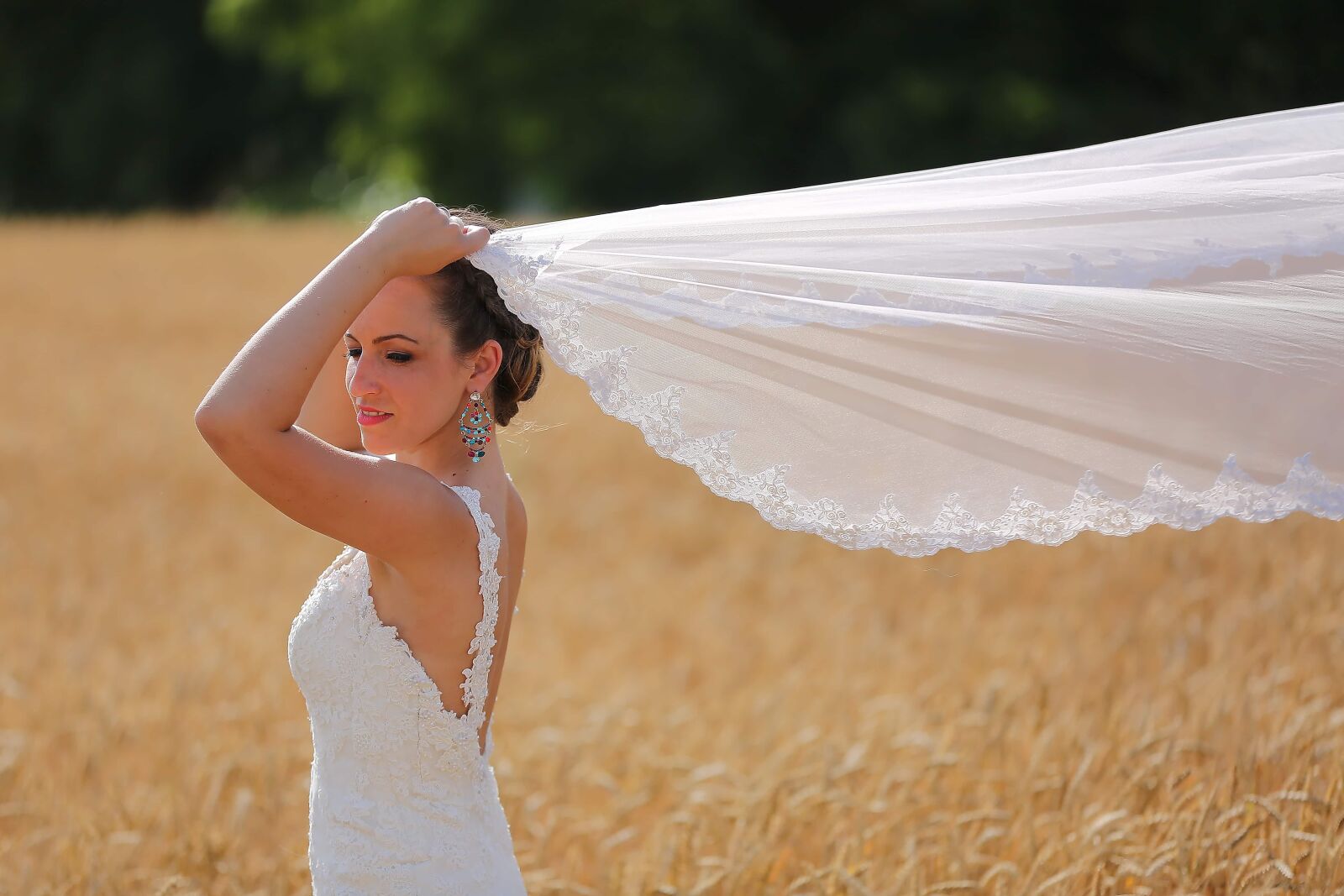 Canon EOS 5D Mark III sample photo. Wedding dress, veil, wheatfield photography
