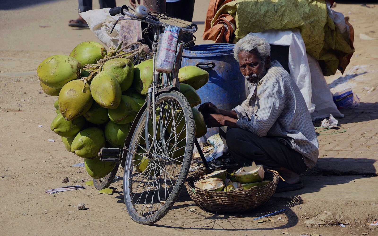Nikon D5100 sample photo. Coconut, vendor, bicycle photography