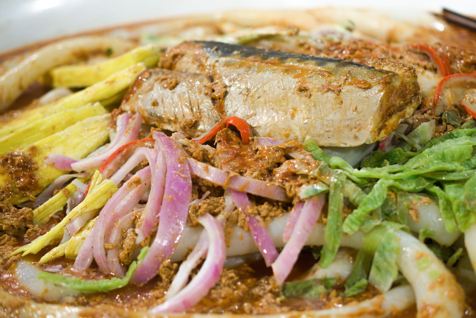 E 50mm F1.8 OSS sample photo. Laksa, malaysia, food photography