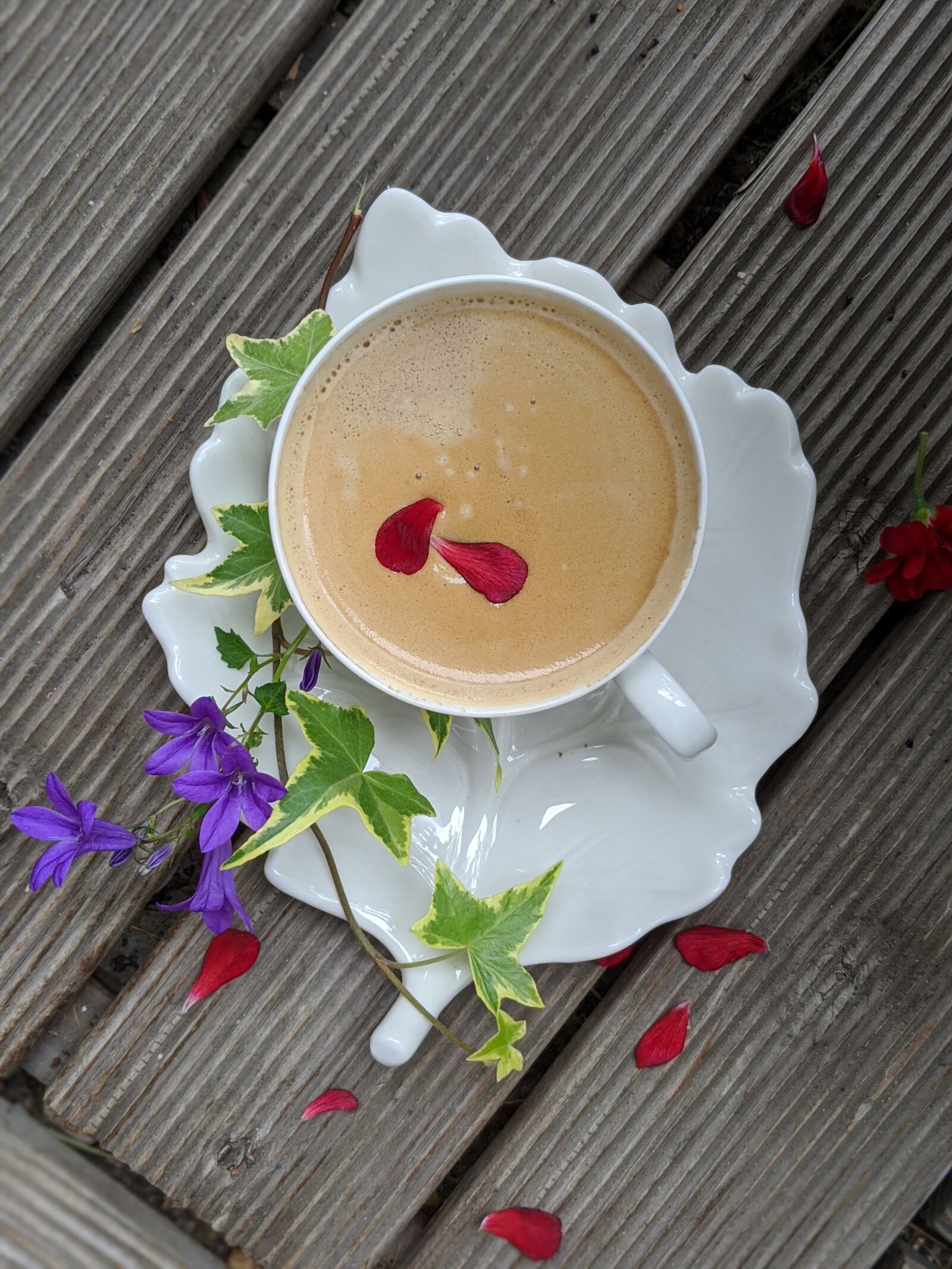 Google Pixel 3 sample photo. Flatlay, coffee, flowers photography