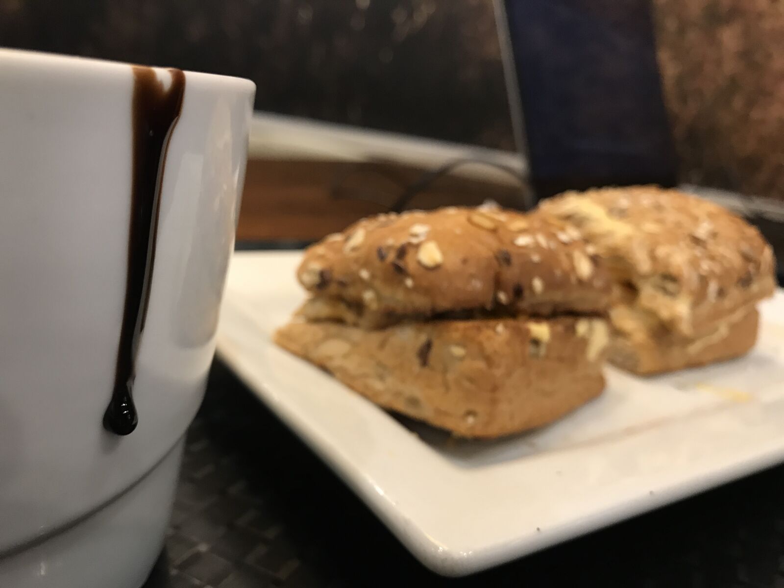 iPhone 7 Plus back dual camera 3.99mm f/1.8 sample photo. Cappuccino, bread, cafe photography
