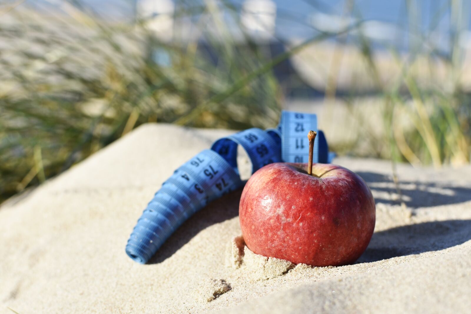 Nikon D7200 sample photo. Apple, blue tape, sand photography