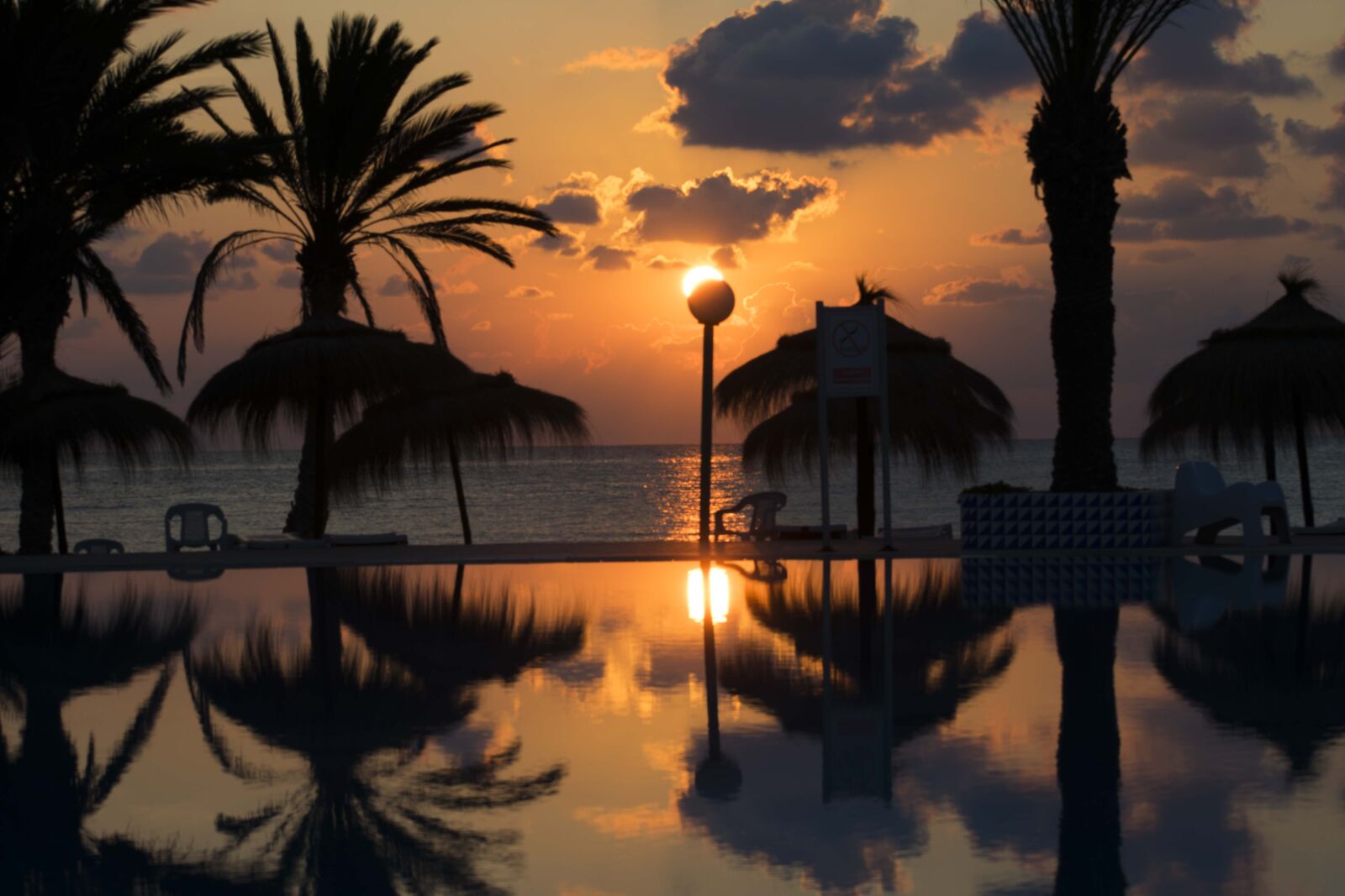Nikon D3400 sample photo. Lamp, palms, pool, sea photography