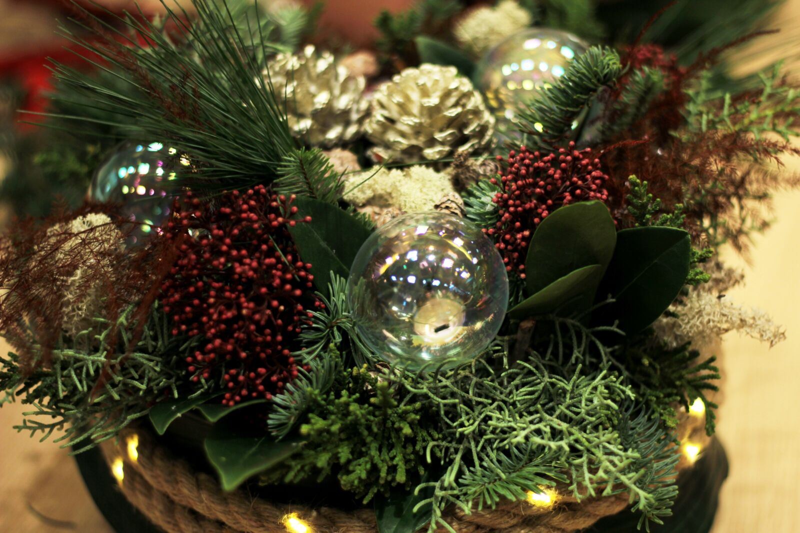 Canon EOS 600D (Rebel EOS T3i / EOS Kiss X5) + Canon EF 50mm F1.8 STM sample photo. Christmas, flower arranging, christmas photography