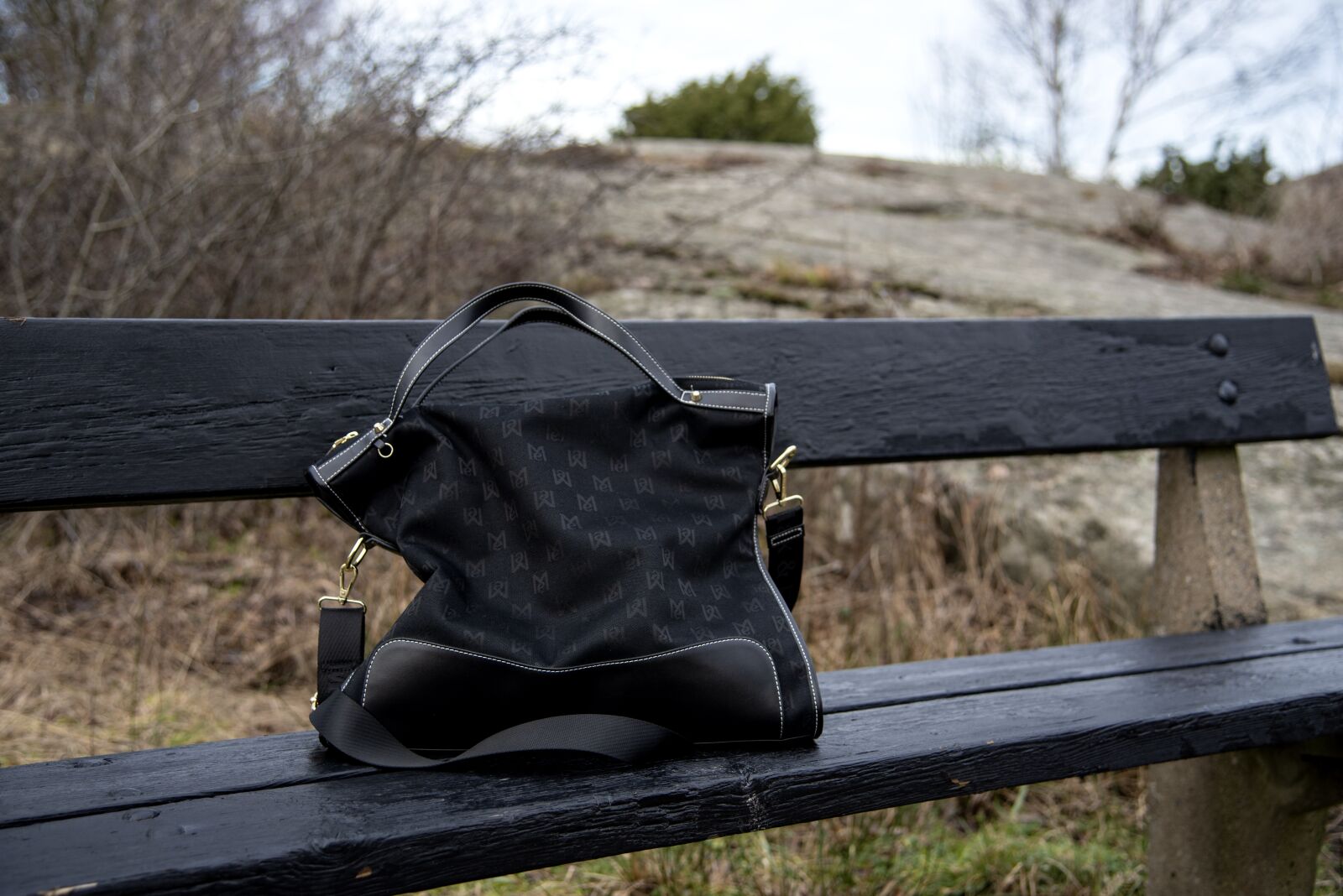 Nikon D750 sample photo. Bench, bag, cliffs photography