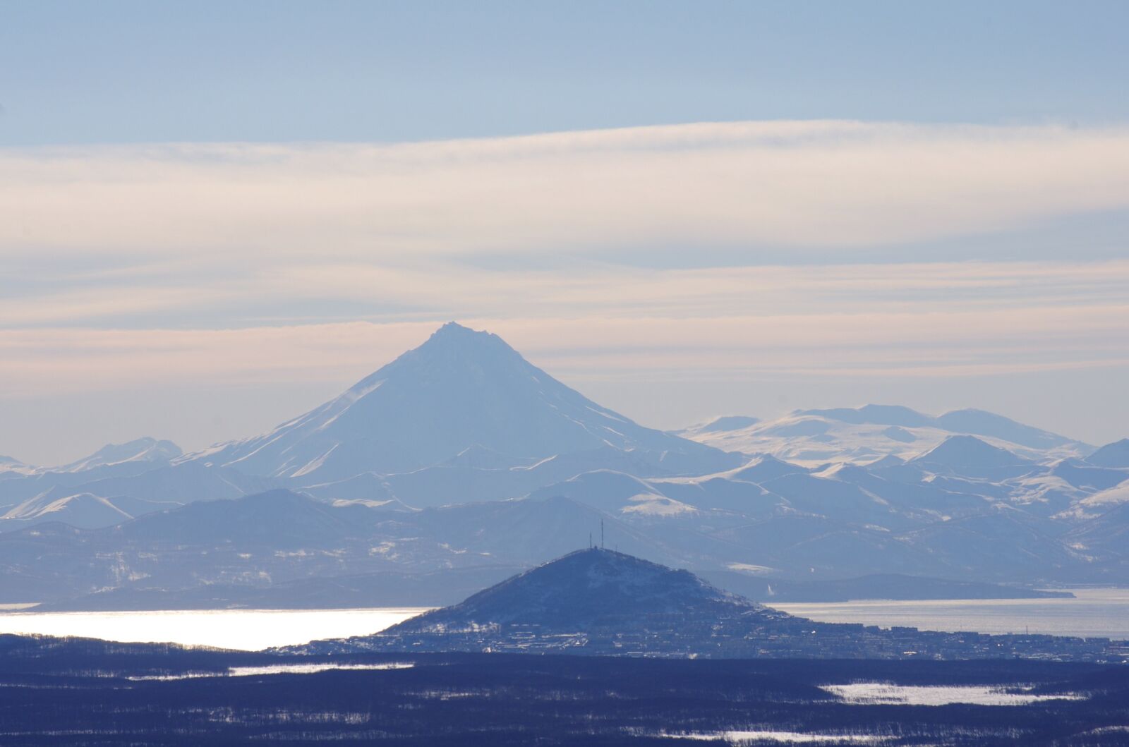 Pentax K-5 sample photo. Volcano, mountains, bay photography