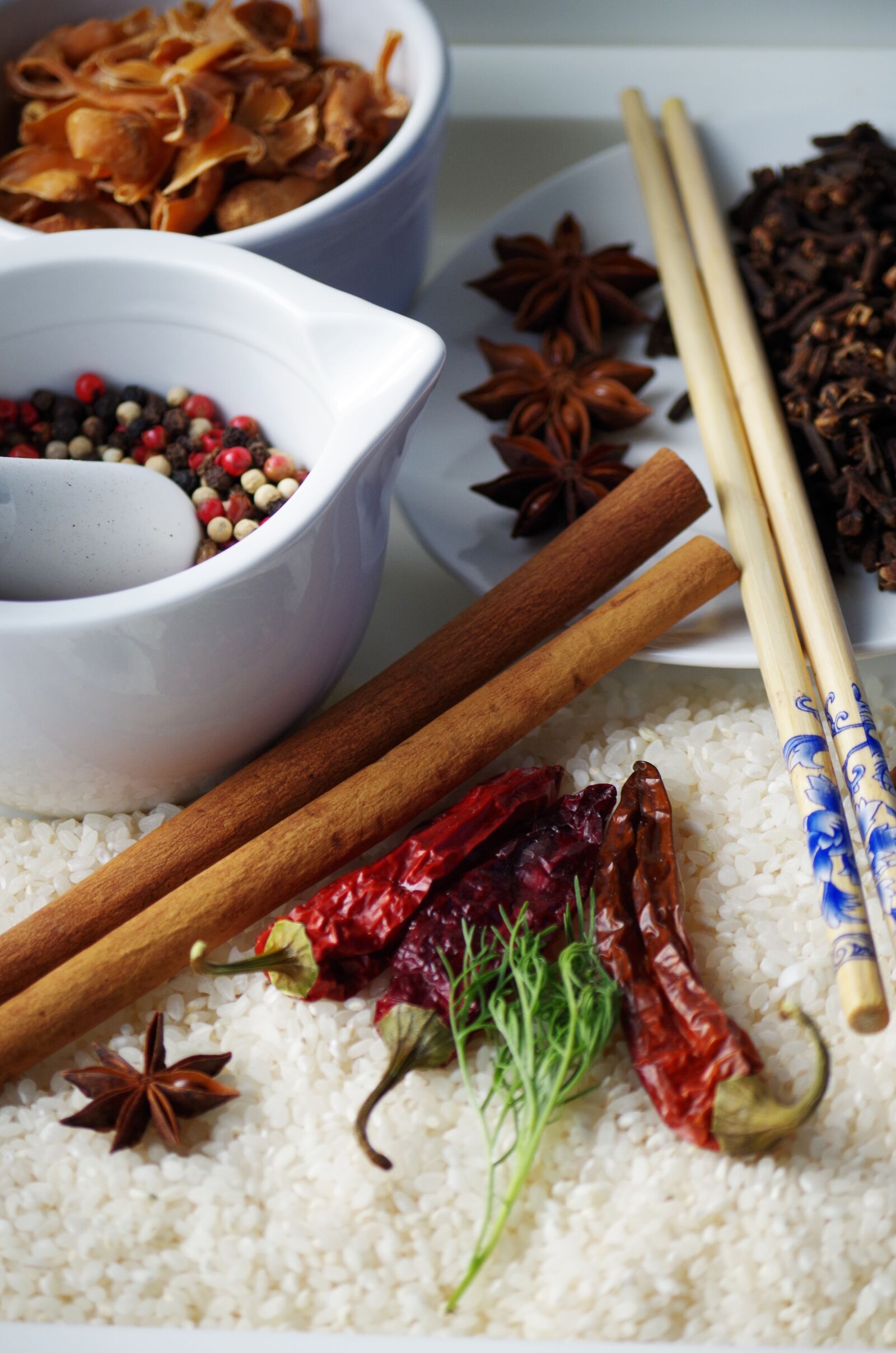 Pentax K-500 sample photo. Rice, pepper, mallets photography