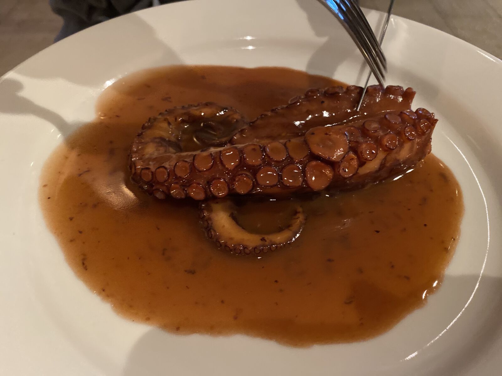 iPhone 11 back dual wide camera 4.25mm f/1.8 sample photo. Squid, wine sauce, scales photography