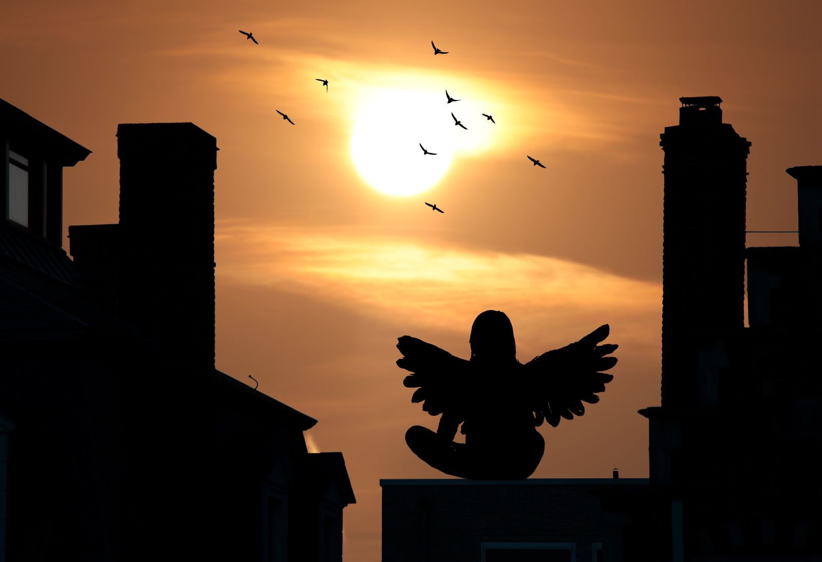 Canon EF-S 55-250mm F4-5.6 IS STM sample photo. Sunset, houses silhouette, angel photography