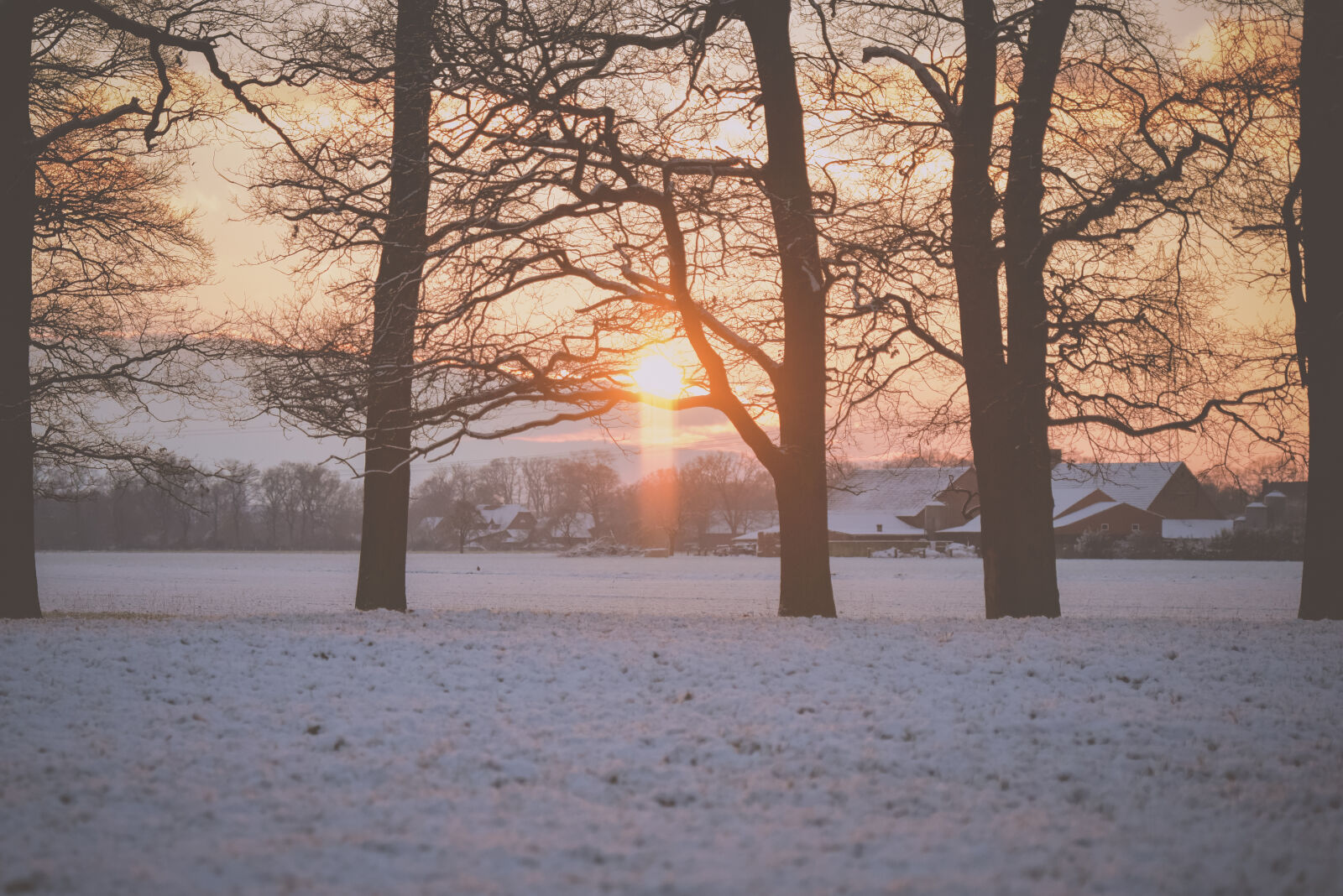 Nikon AF-S Nikkor 70-200mm F2.8G ED VR II sample photo. Snow, sunrise, trees, village photography