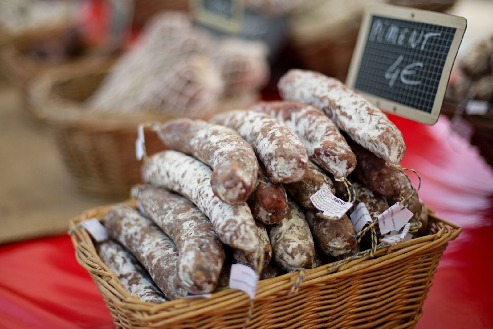 Canon EF 50mm F1.4 USM sample photo. Sausages, meat, farmer's market photography