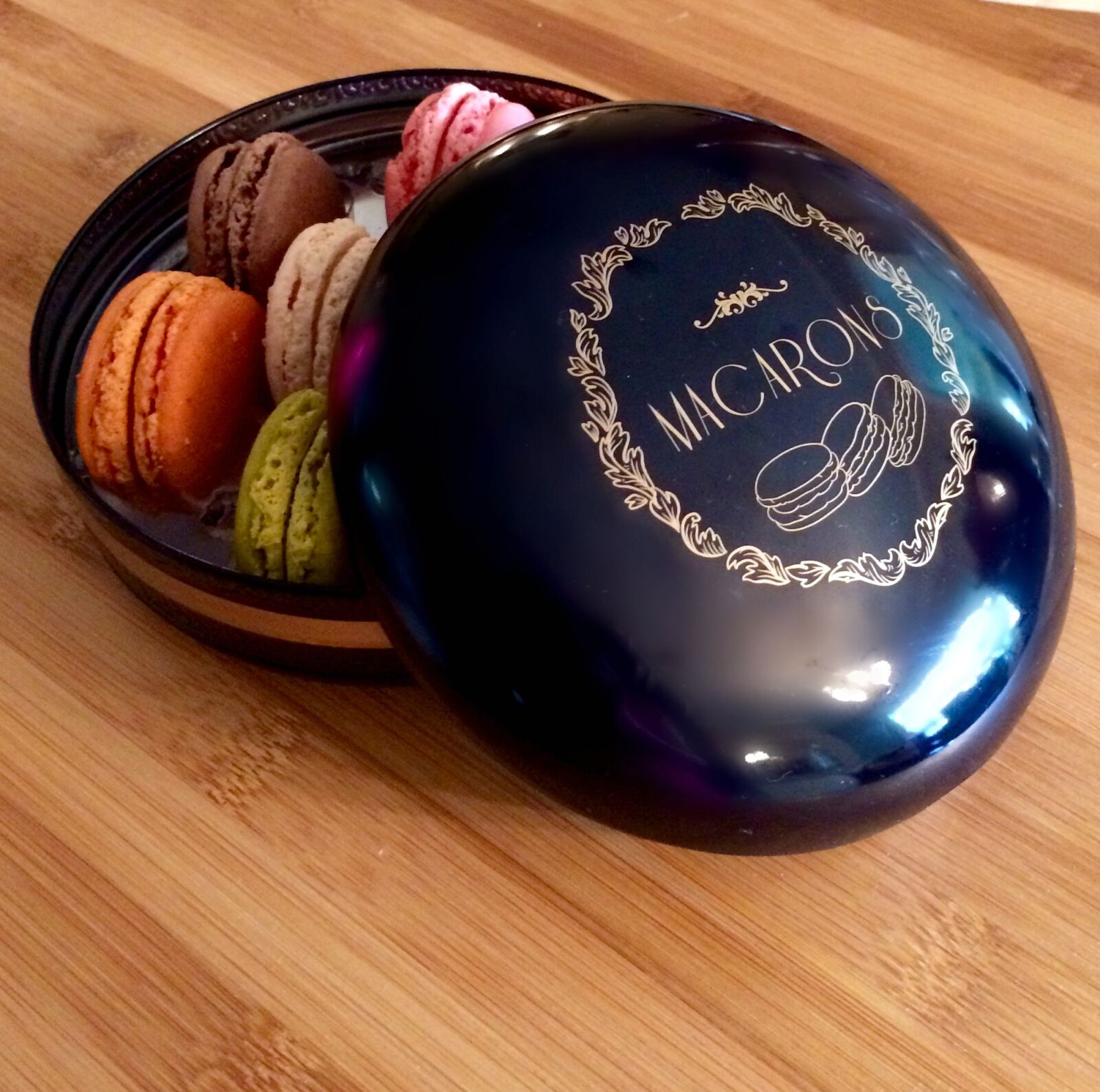 iPhone 5s back camera 4.15mm f/2.2 sample photo. Macarons, tin, dessert photography