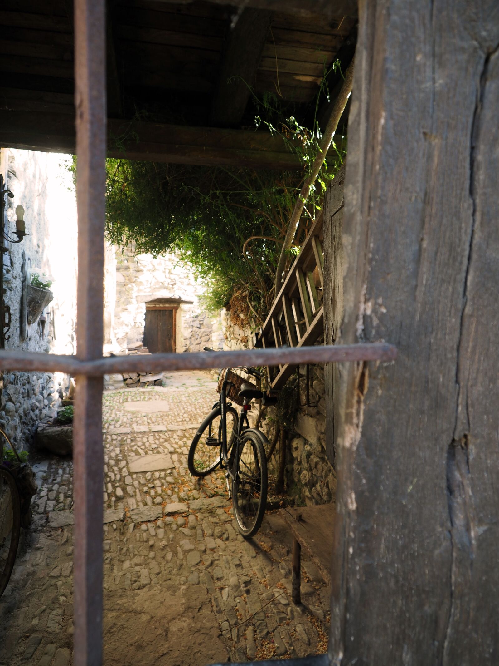 Olympus OM-D E-M1 + OLYMPUS M.12-50mm F3.5-6.3 sample photo. Window, grating, bicycle photography