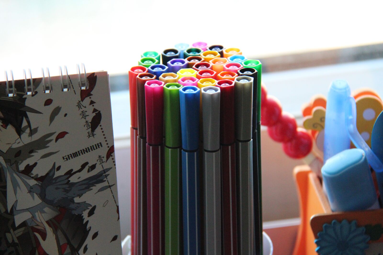 Canon EF-S 18-200mm F3.5-5.6 IS sample photo. Still life, color, pen photography