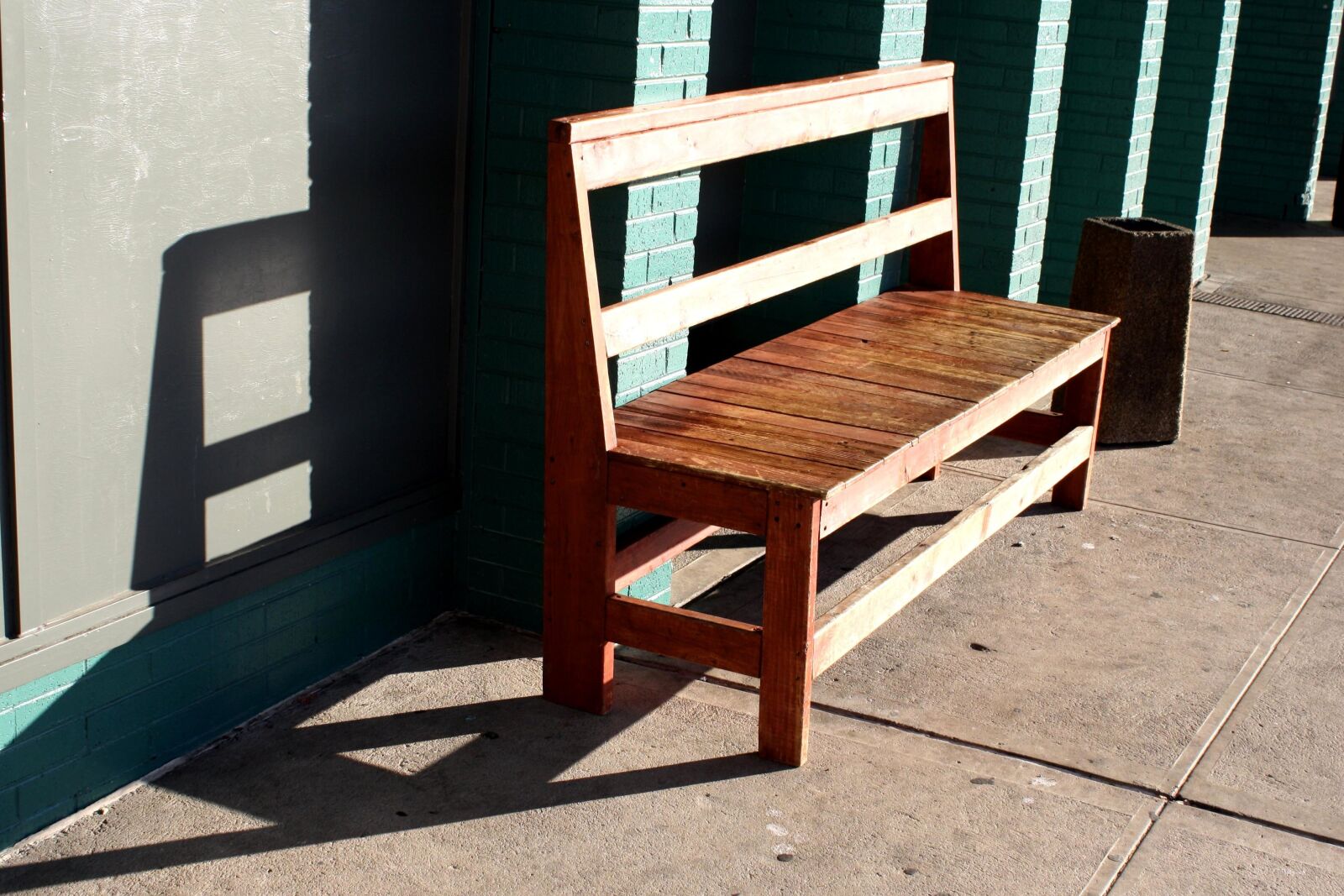 f/3.5-5.6 IS sample photo. Wooden bench, sunlight, furniture photography