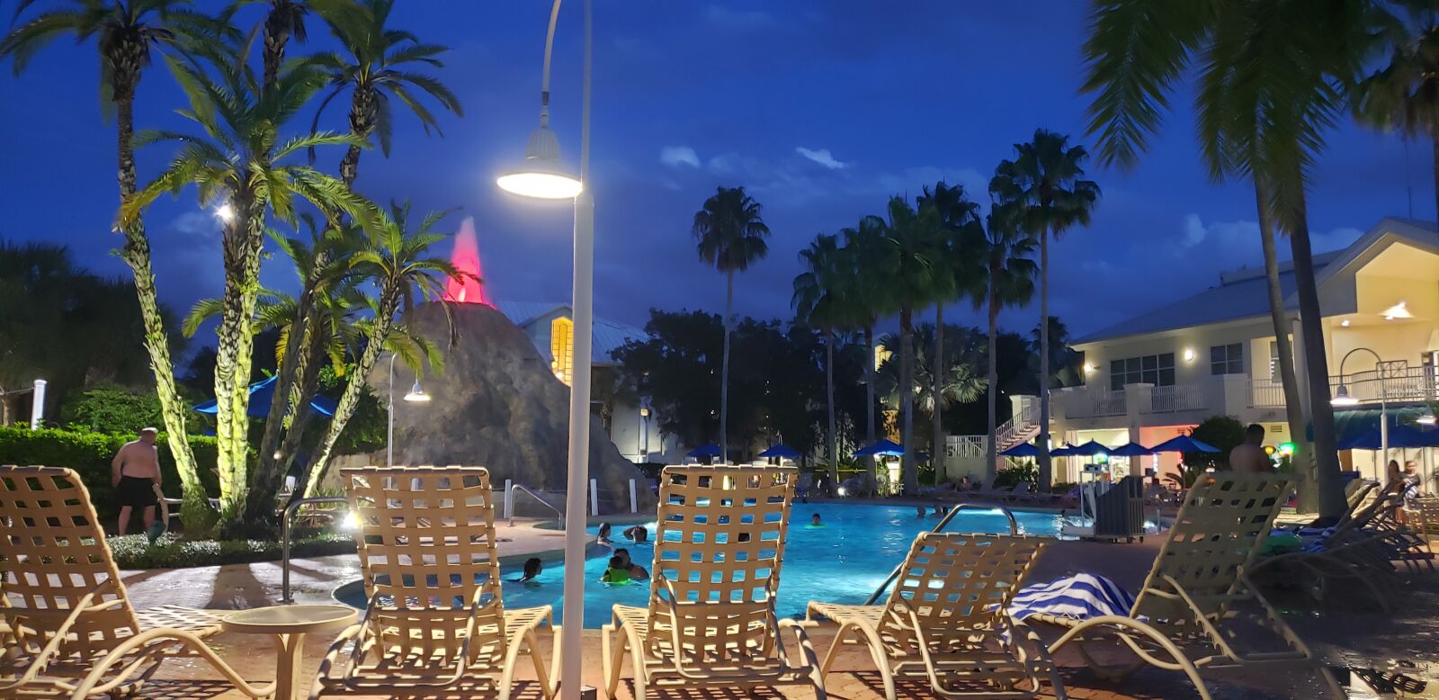 Samsung Galaxy Note9 sample photo. Palm trees, pool, night photography