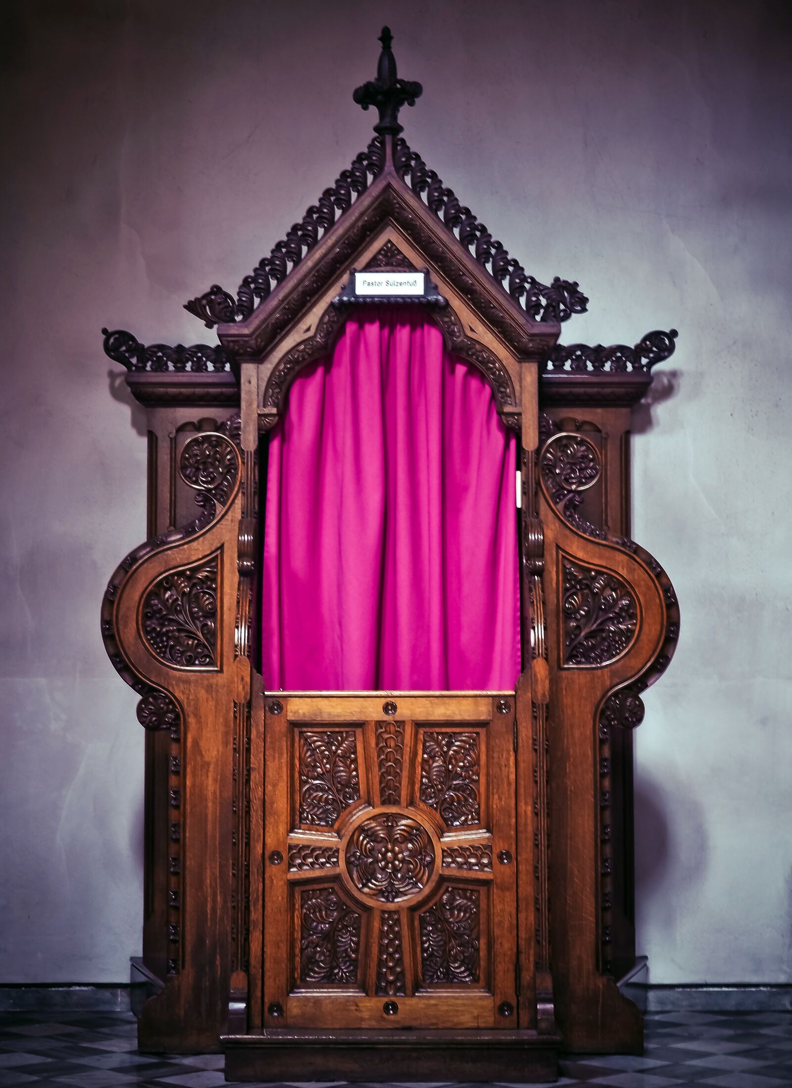 Olympus OM-D E-M10 sample photo. Confessional, church, furniture pieces photography