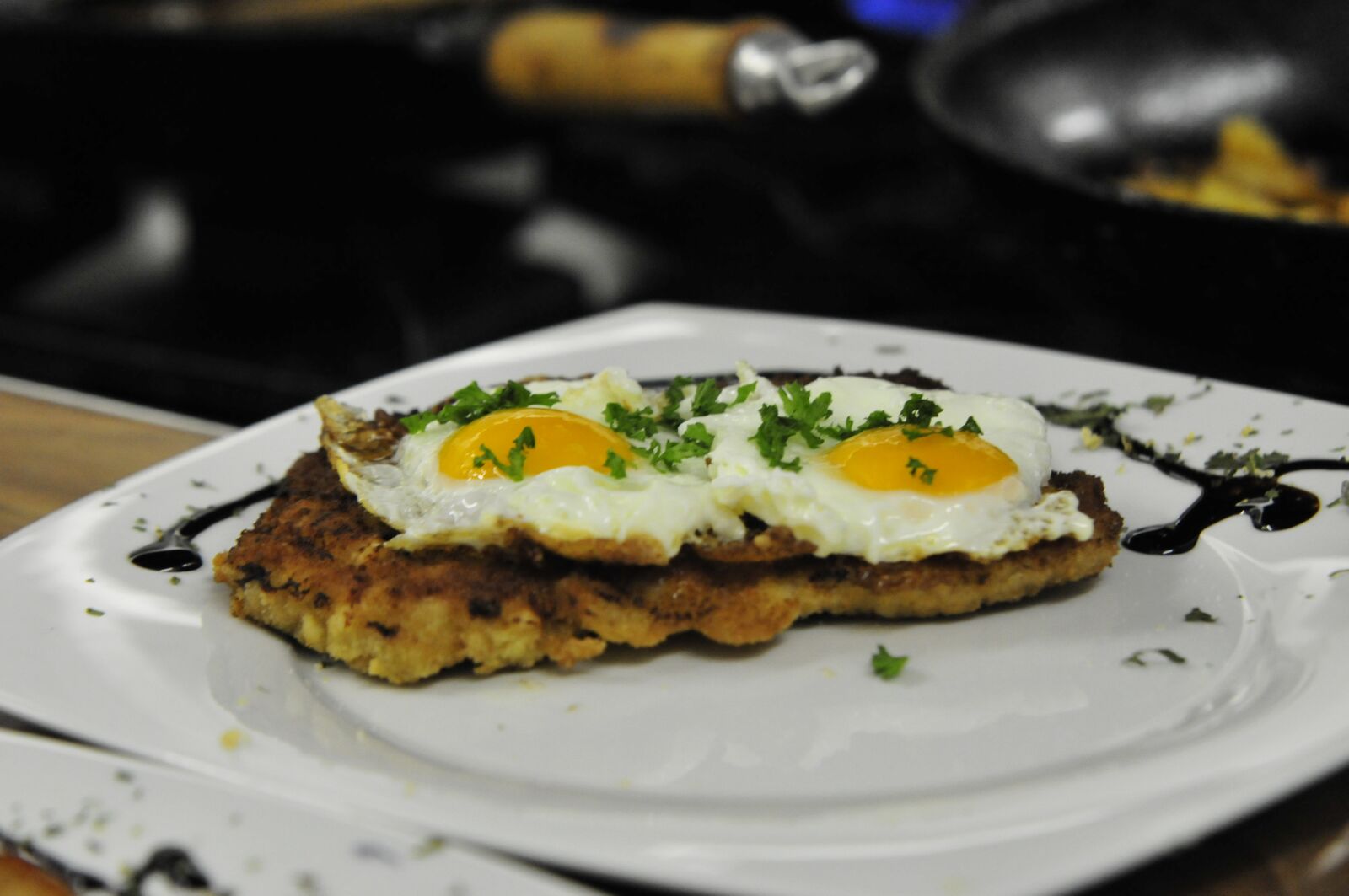 Nikon D300 sample photo. Schnitzel, egg, dinner photography