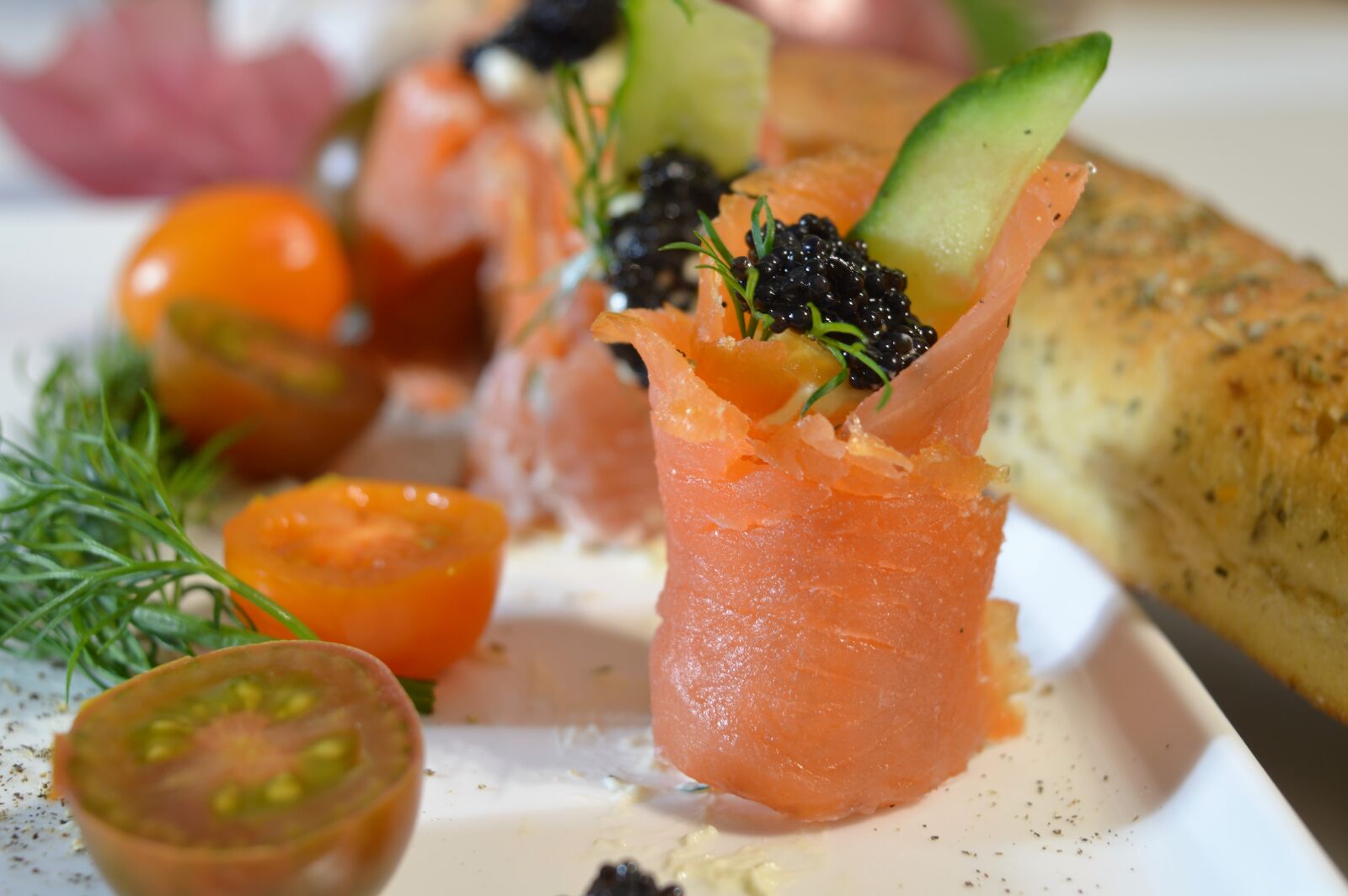 Nikon D3200 sample photo. Smoked salmon, canapes, food photography