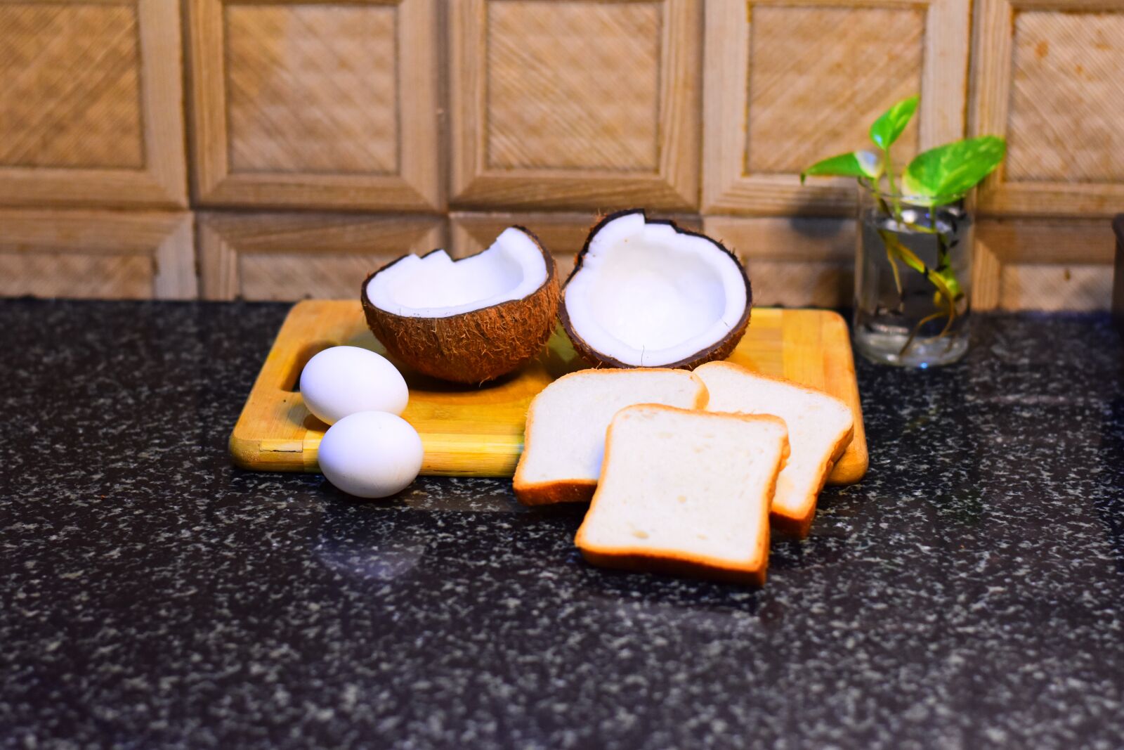 Nikon D3400 sample photo. Coconut, bread, eggs photography