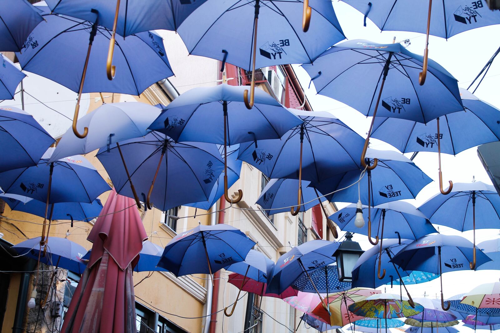 Canon EOS 1100D (EOS Rebel T3 / EOS Kiss X50) sample photo. Umbrella, blue umbrellas, blue photography