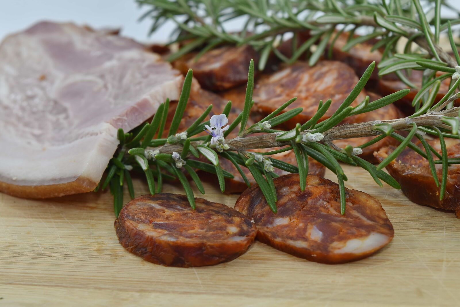 Nikon D5500 sample photo. Branch, rosemary, sausage, snack photography