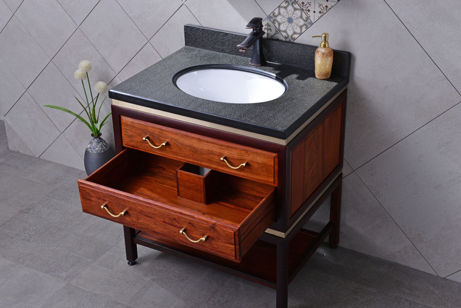 Nikon D800 sample photo. Bluestone, redwood, bathroom cabinet photography