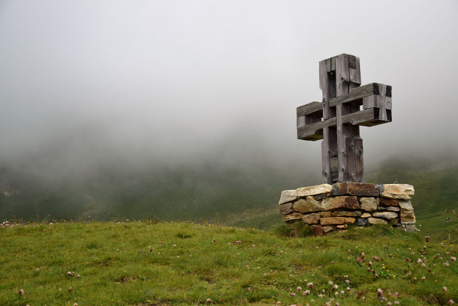 Nikon D5300 sample photo. Cross, grass, fog photography