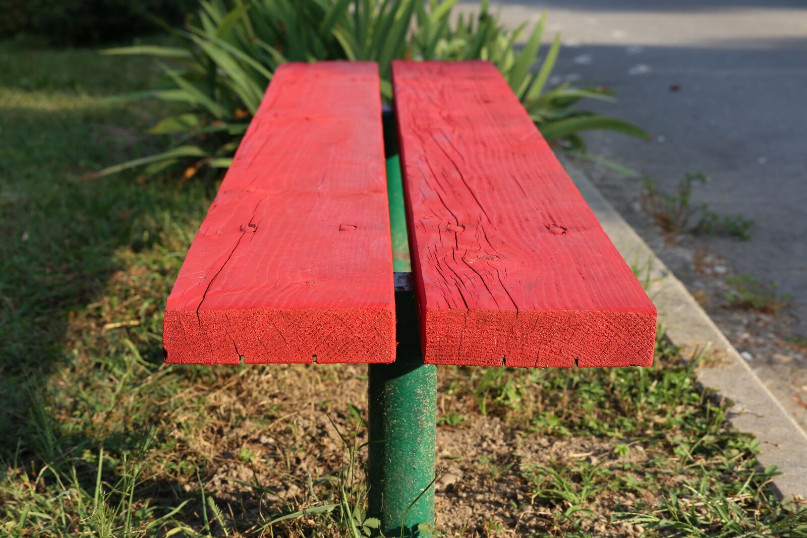 Canon EF 70-300 F4-5.6 IS II USM sample photo. Red bench, park, green photography