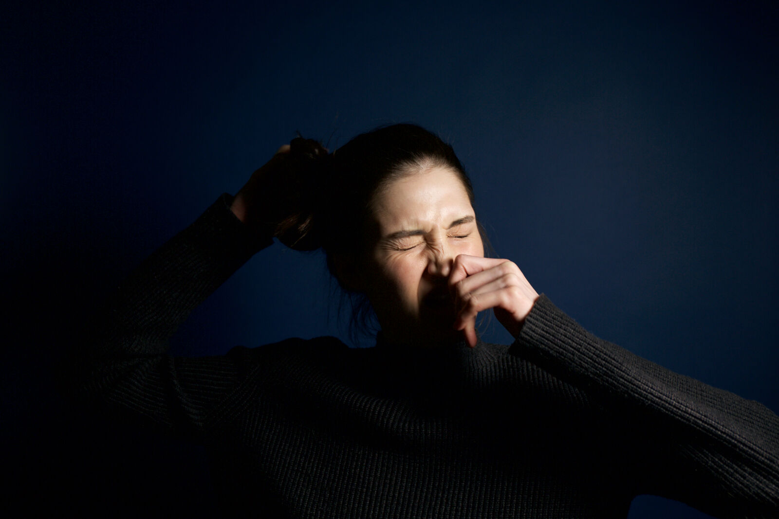 Canon EF 24-70mm F4L IS USM sample photo. Woman, touching, her, nose photography