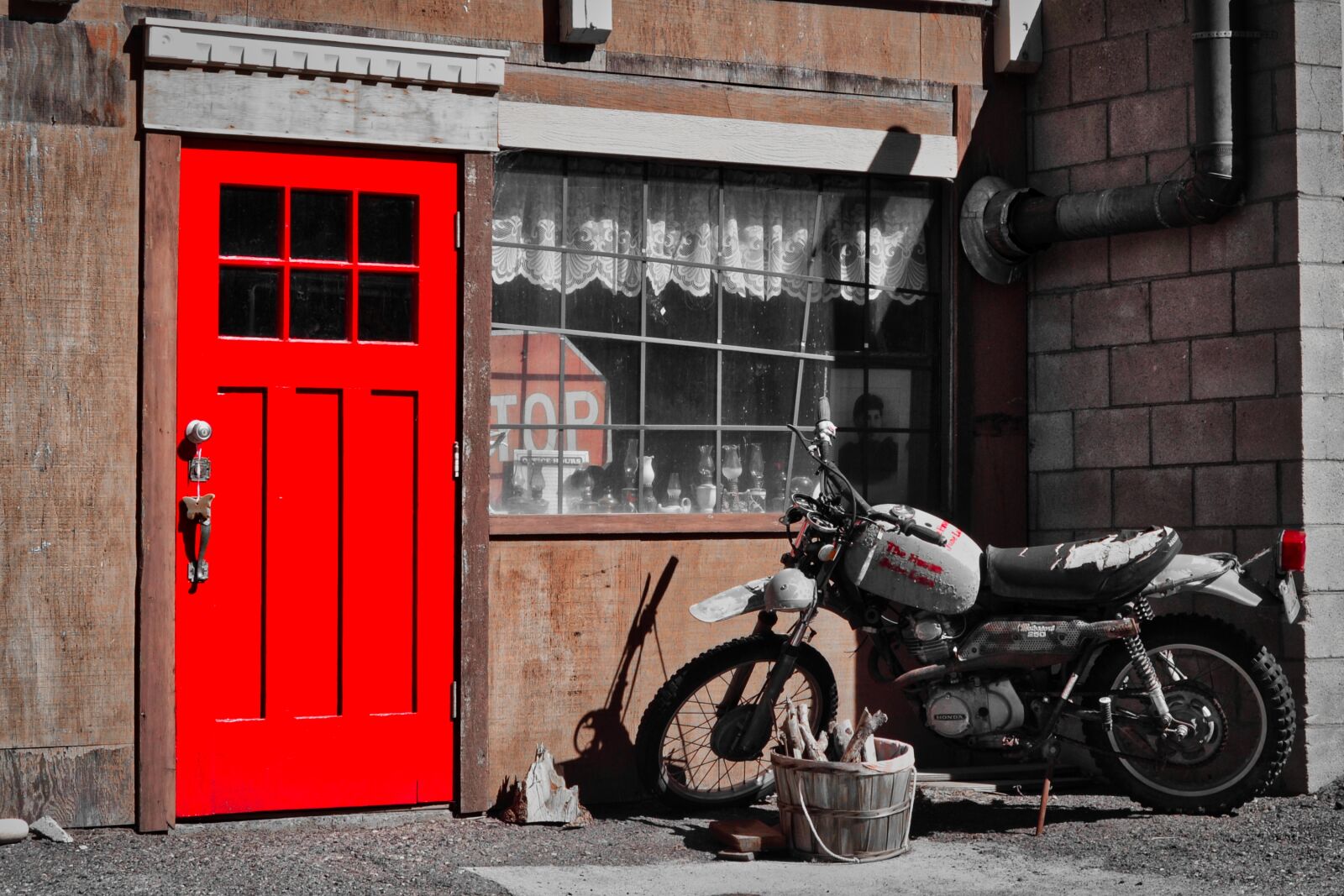 Nikon D3100 sample photo. Motorcycle, scrap, red door photography