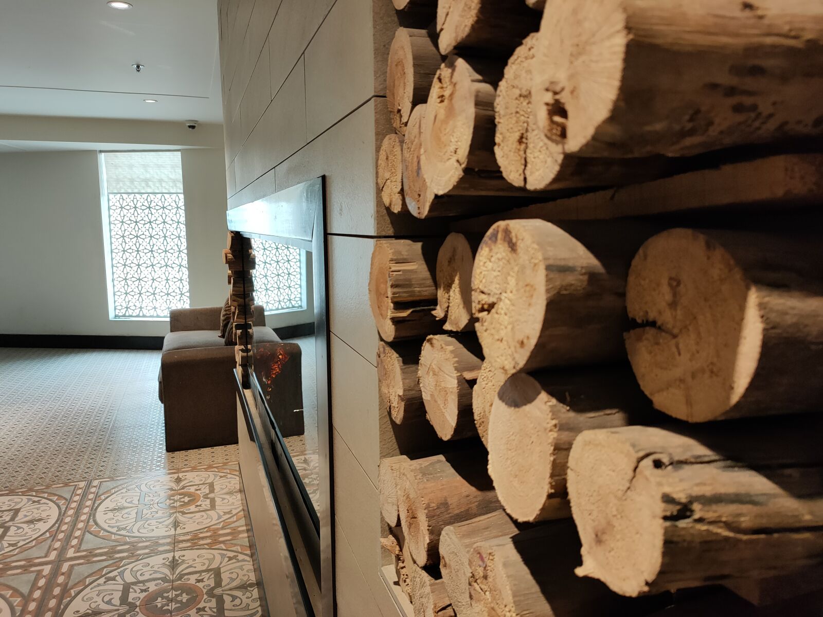 OPPO RENO2 sample photo. Wooden logs, interior, architecture photography