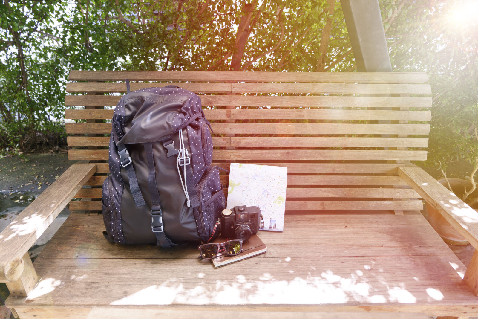Fujifilm X-A2 sample photo. Accessories, backpack, bench, book photography