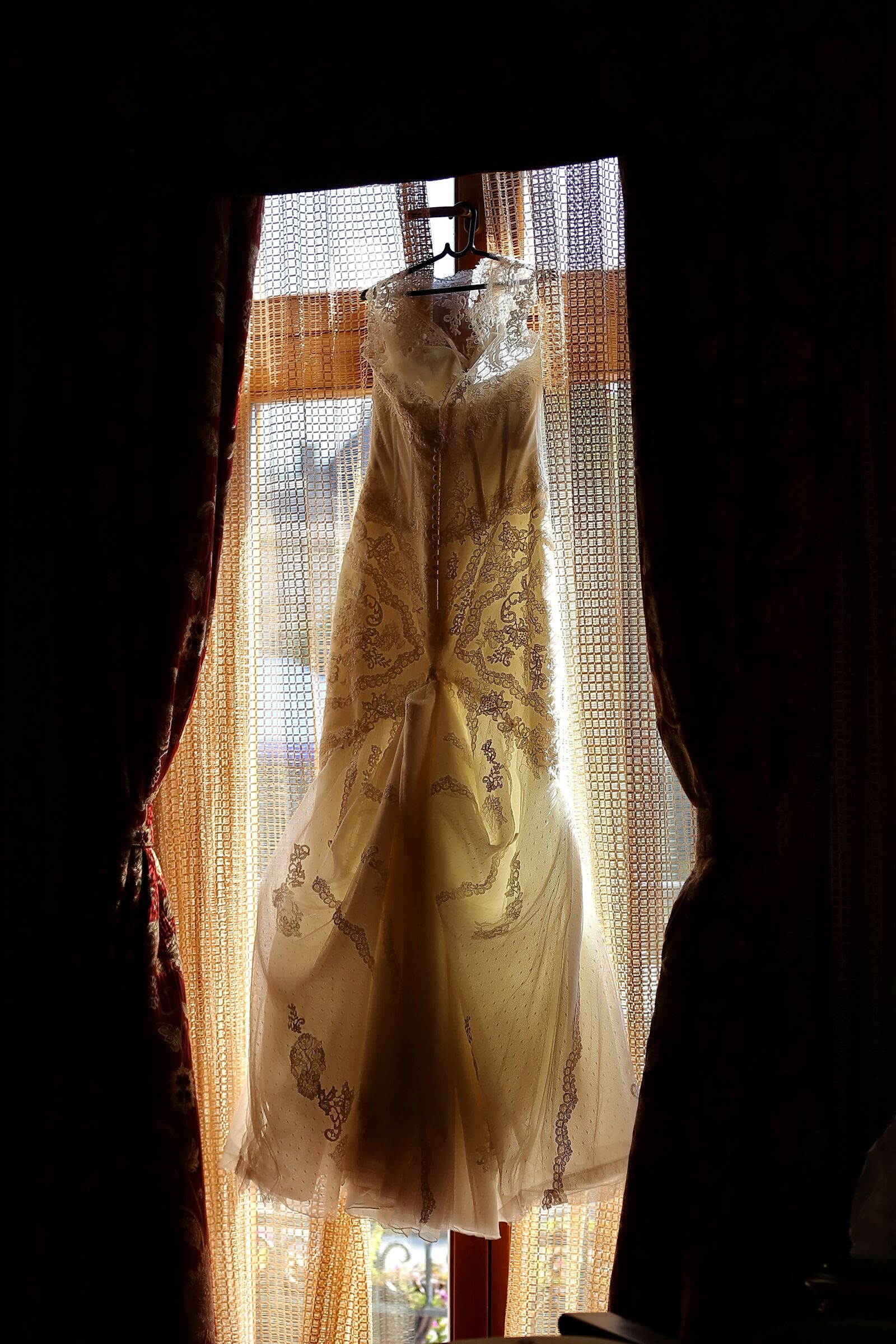 Canon EOS 5D Mark III sample photo. Wedding dress, hanging, window photography