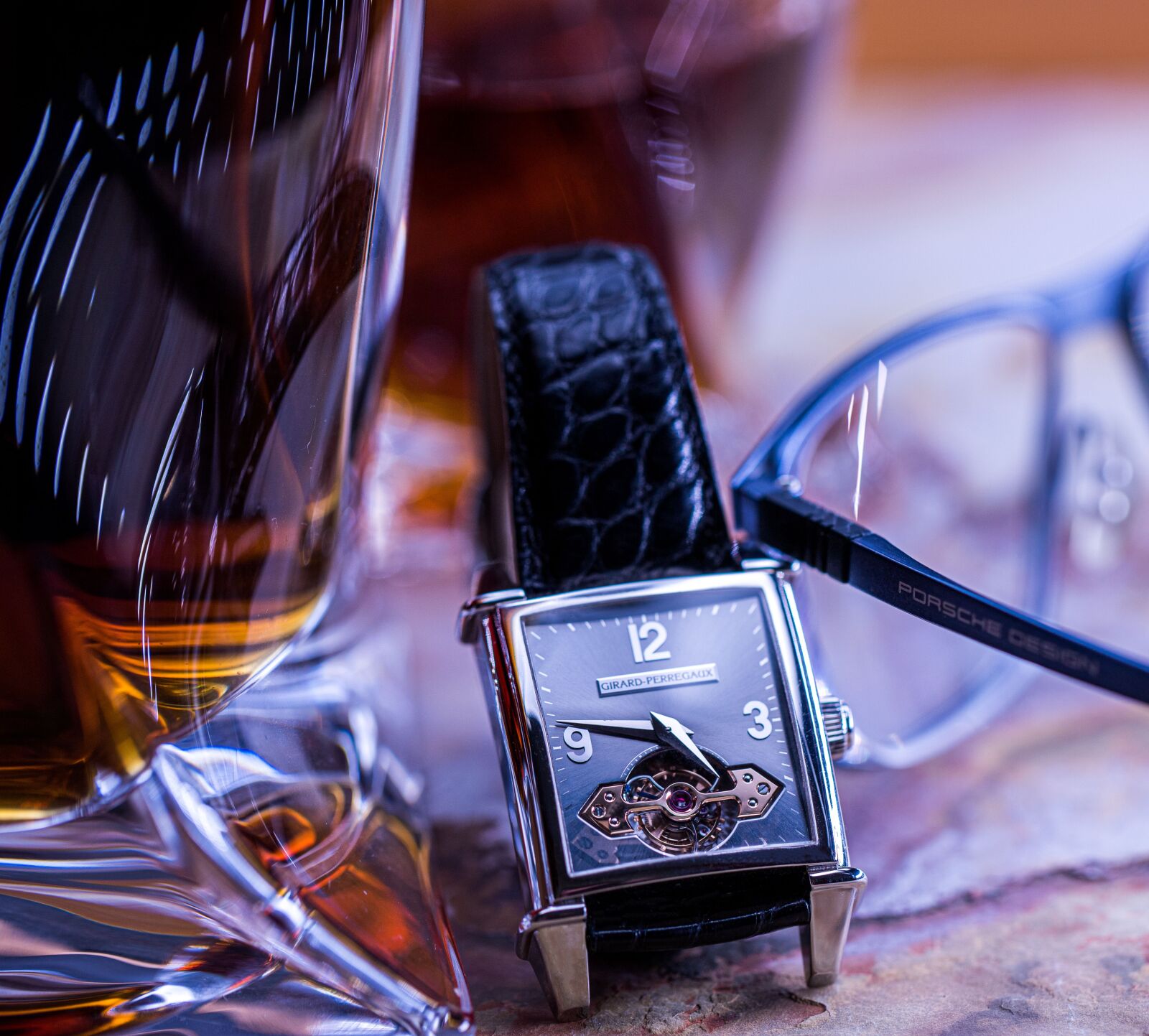 Canon EF 100mm F2.8L Macro IS USM sample photo. Clock, cognac, glasses photography