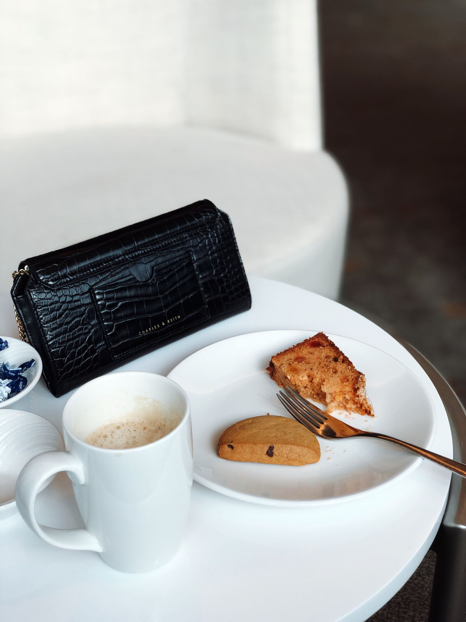 iPhone X back dual camera 6mm f/2.4 sample photo. Cappuccino, cookies, drink photography