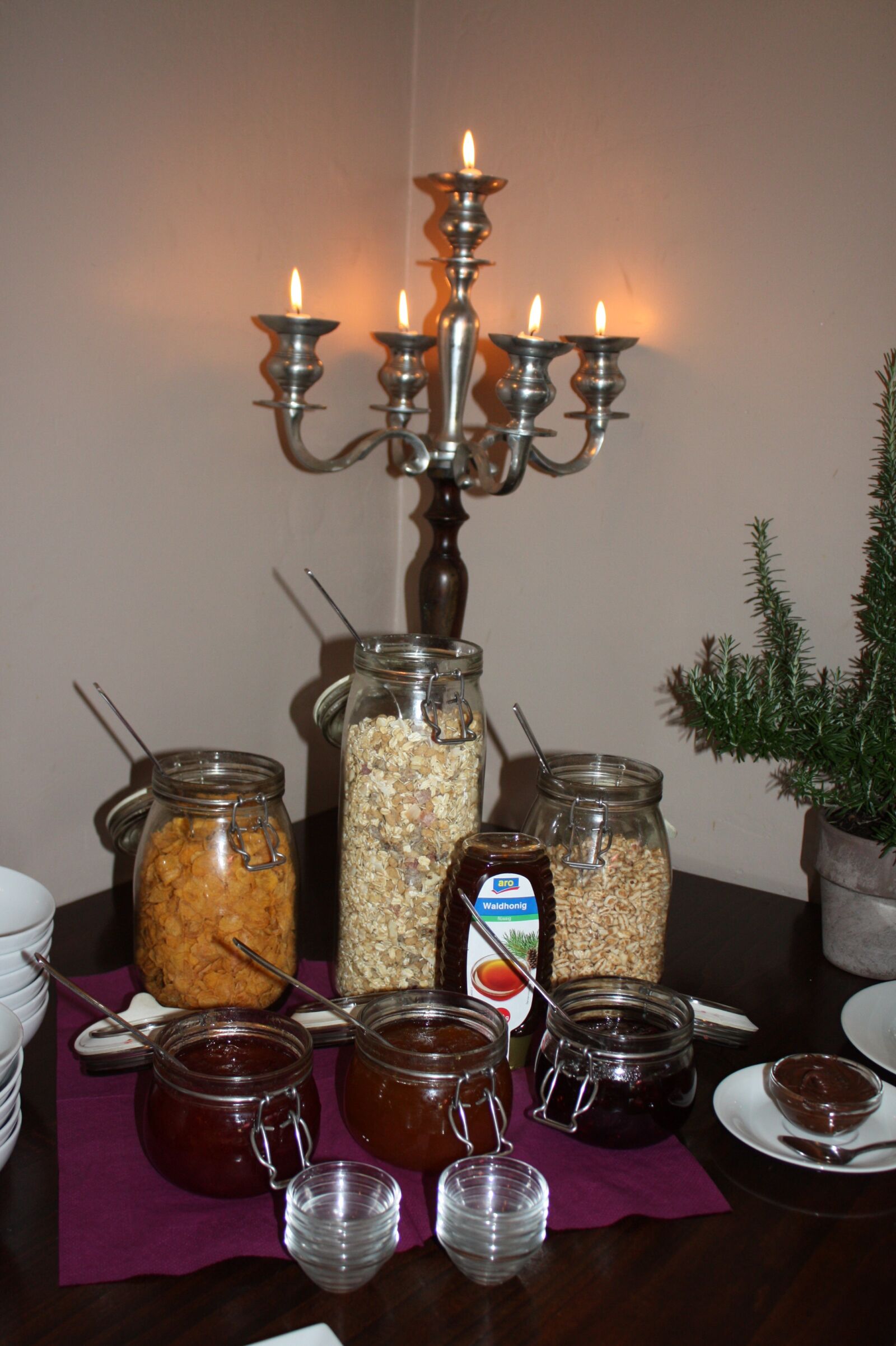 Canon EOS 450D (EOS Rebel XSi / EOS Kiss X2) sample photo. Candle holders, muesli, jam photography