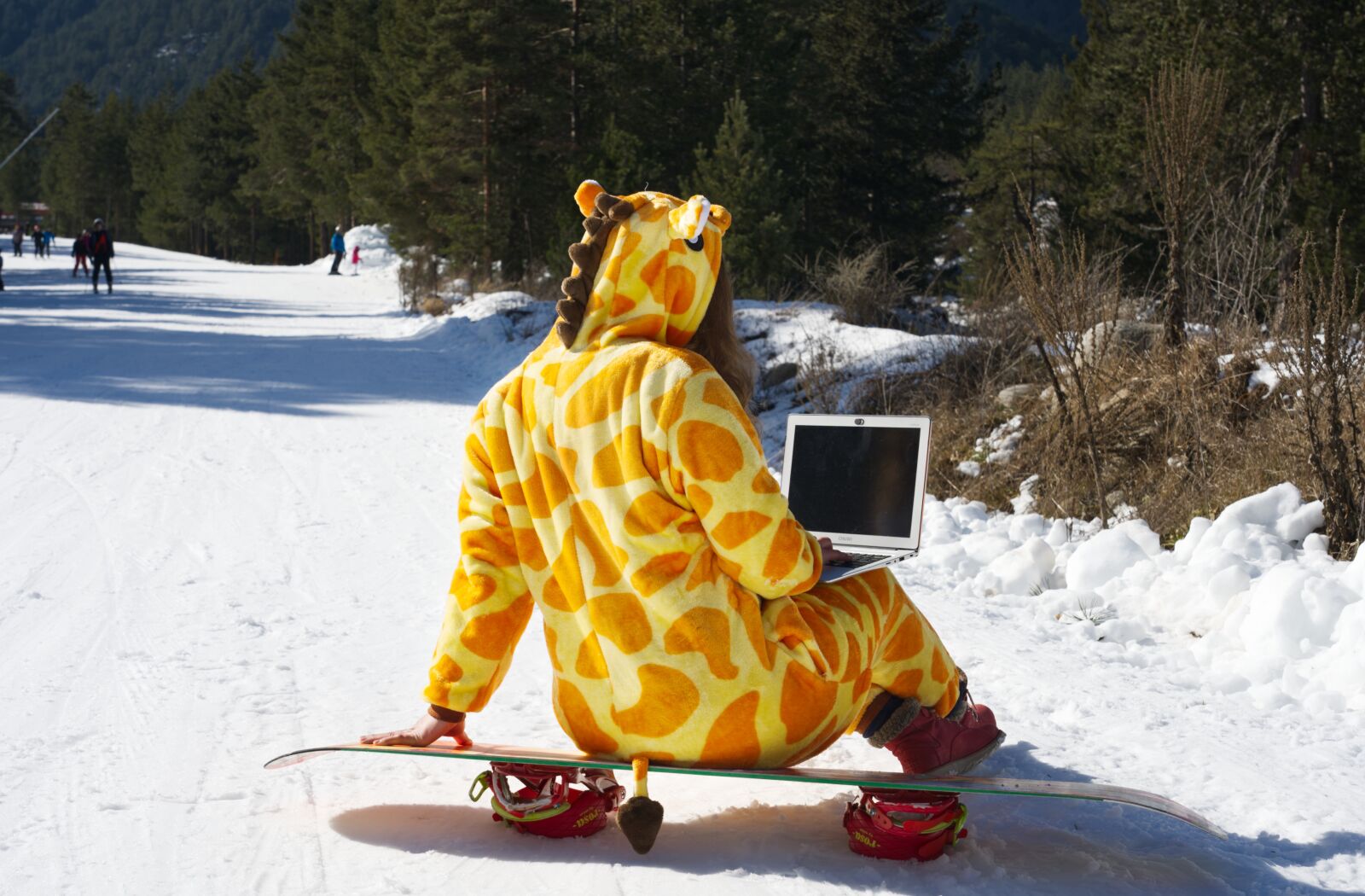 Sony FE 24-105mm F4 G OSS sample photo. Snowboard, computer, digital nomad photography