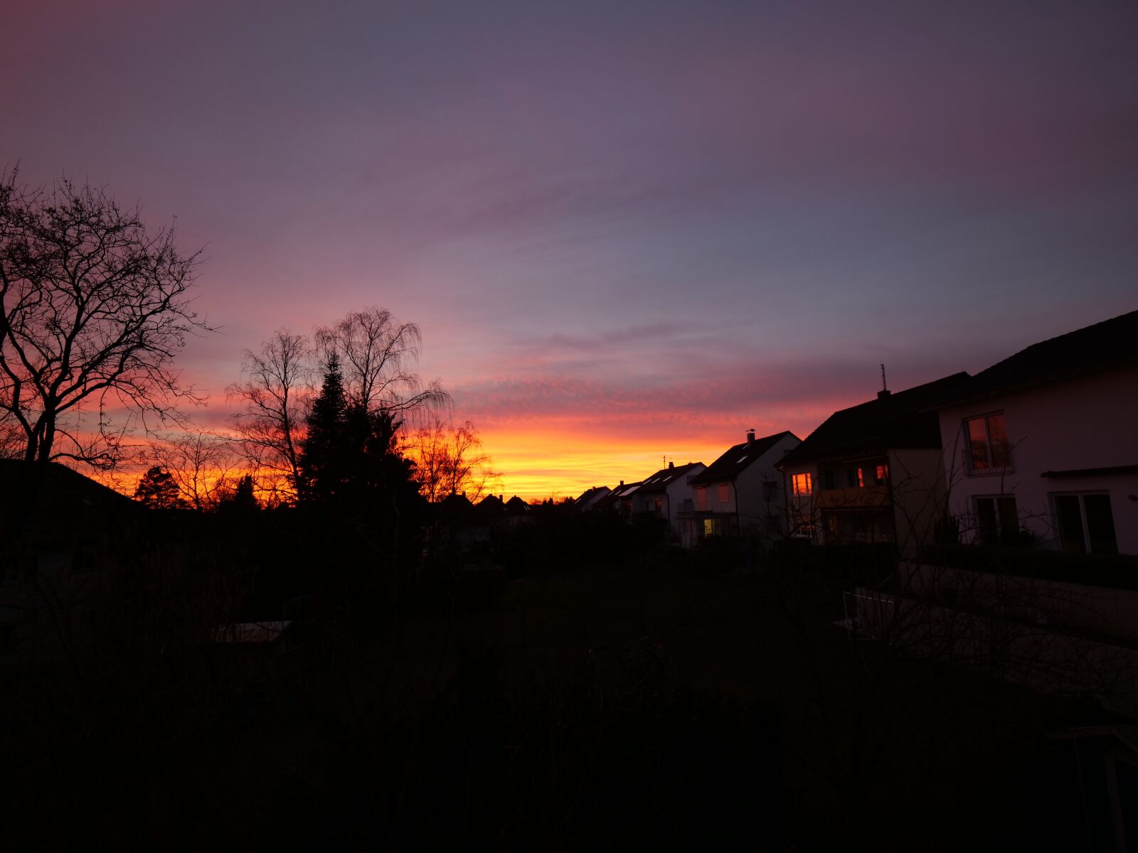 Panasonic Lumix DC-G9 sample photo. Sunset, tree, houses photography