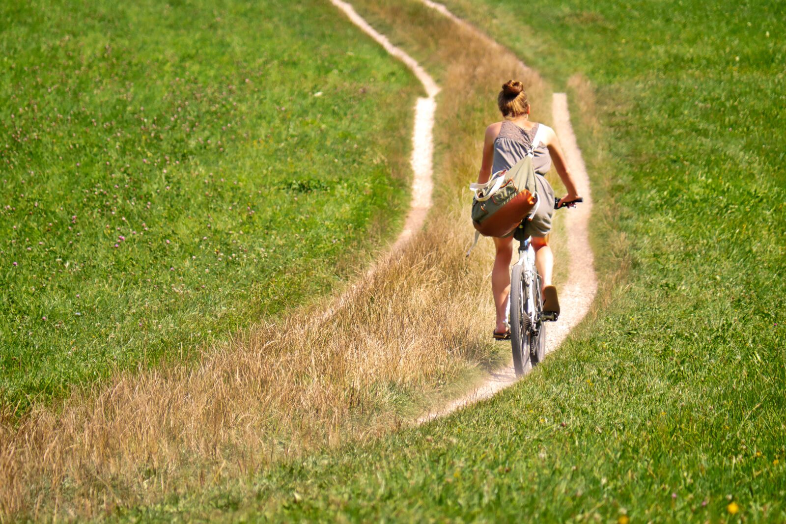 Panasonic Lumix DMC-G5 sample photo. Cyclists, away, meadow photography