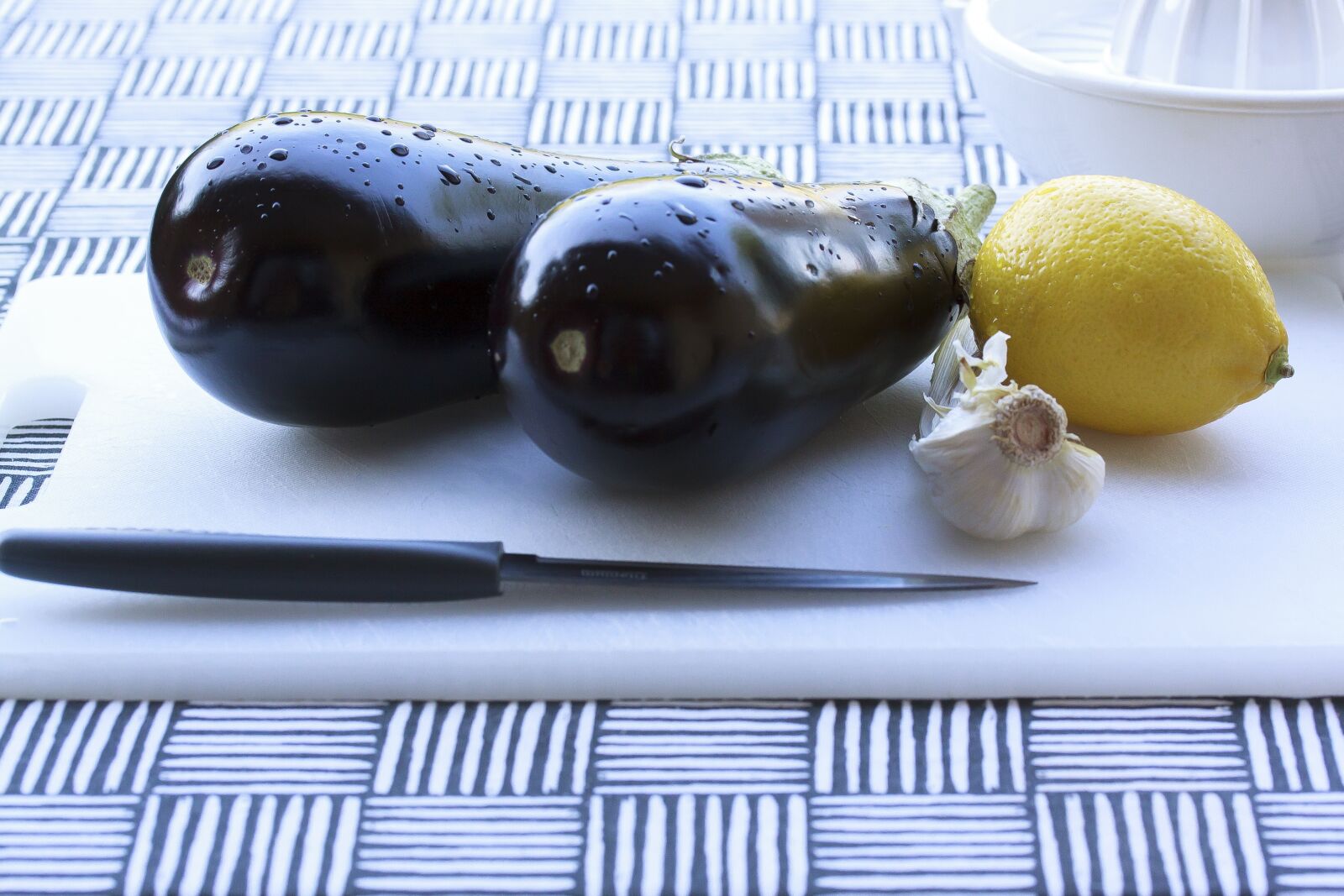 Canon EOS 50D sample photo. Eggplant, lemon, garlic photography