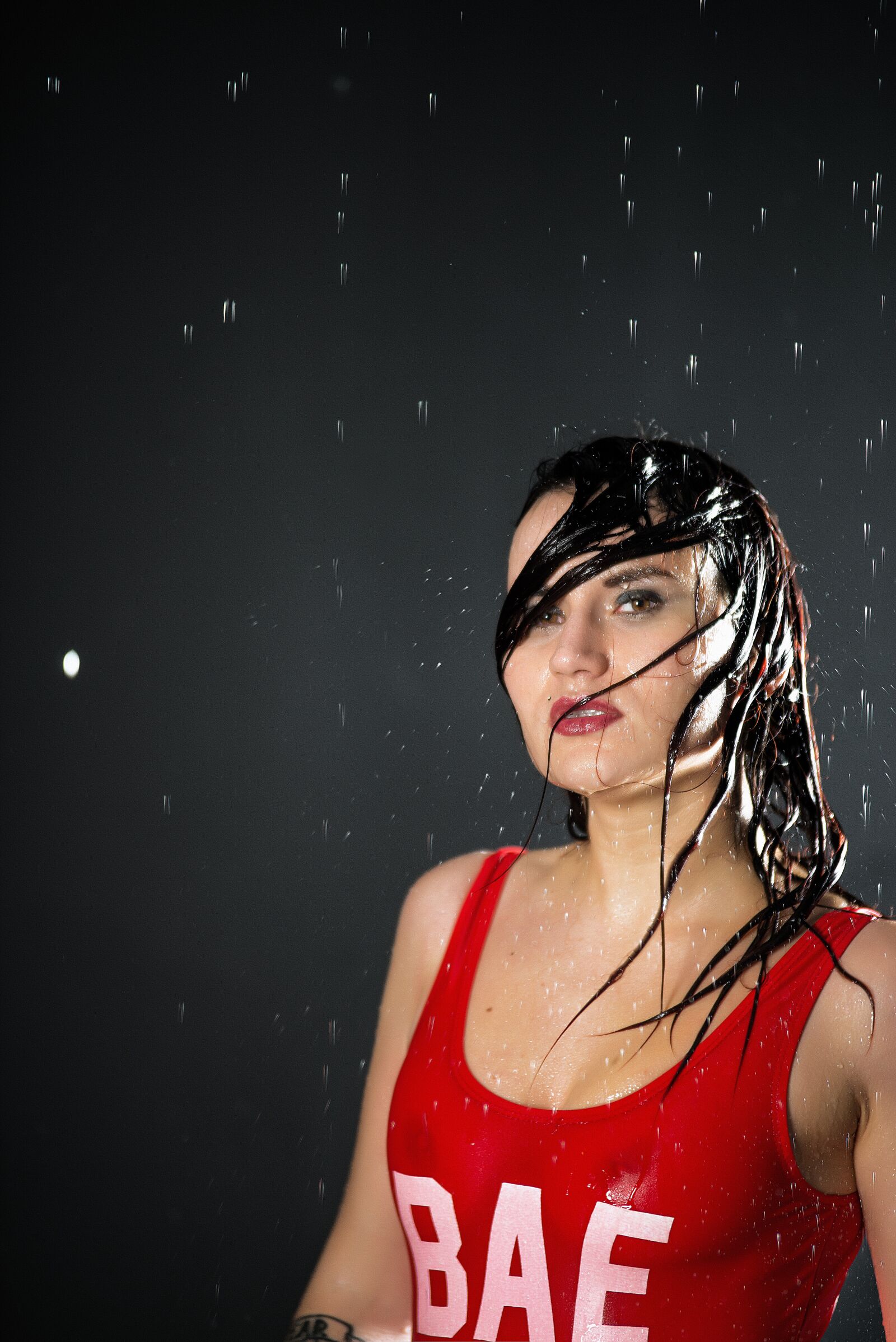 Nikon D800 sample photo. Girl under rain, red photography