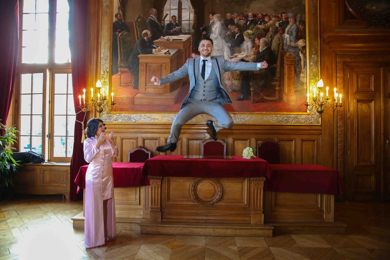 Canon EF 24-70mm F2.8L II USM sample photo. Jump, town hall, married photography