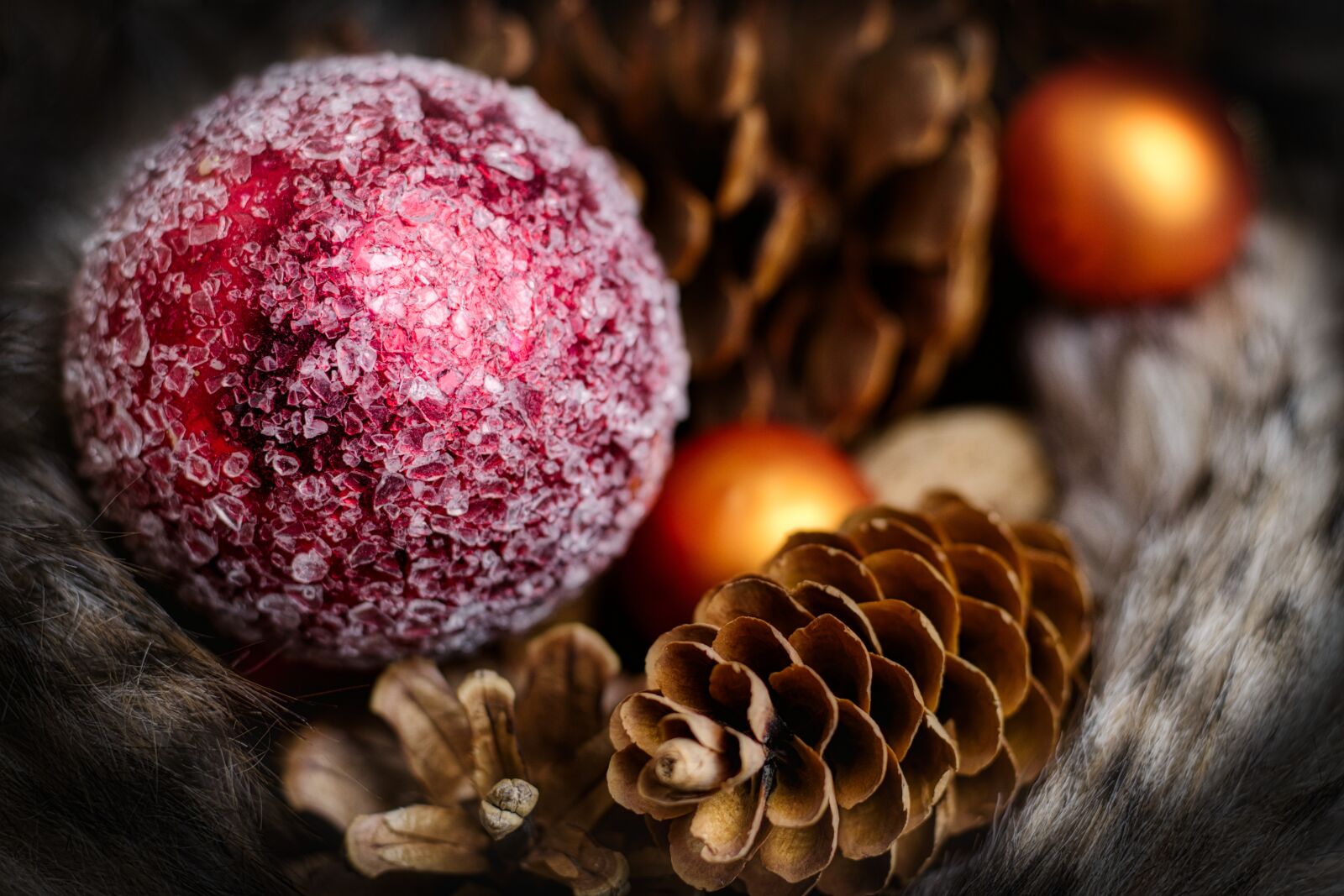 Canon EOS 200D (EOS Rebel SL2 / EOS Kiss X9) + Canon EF 50mm F1.8 STM sample photo. Christmas bauble, pine cones photography