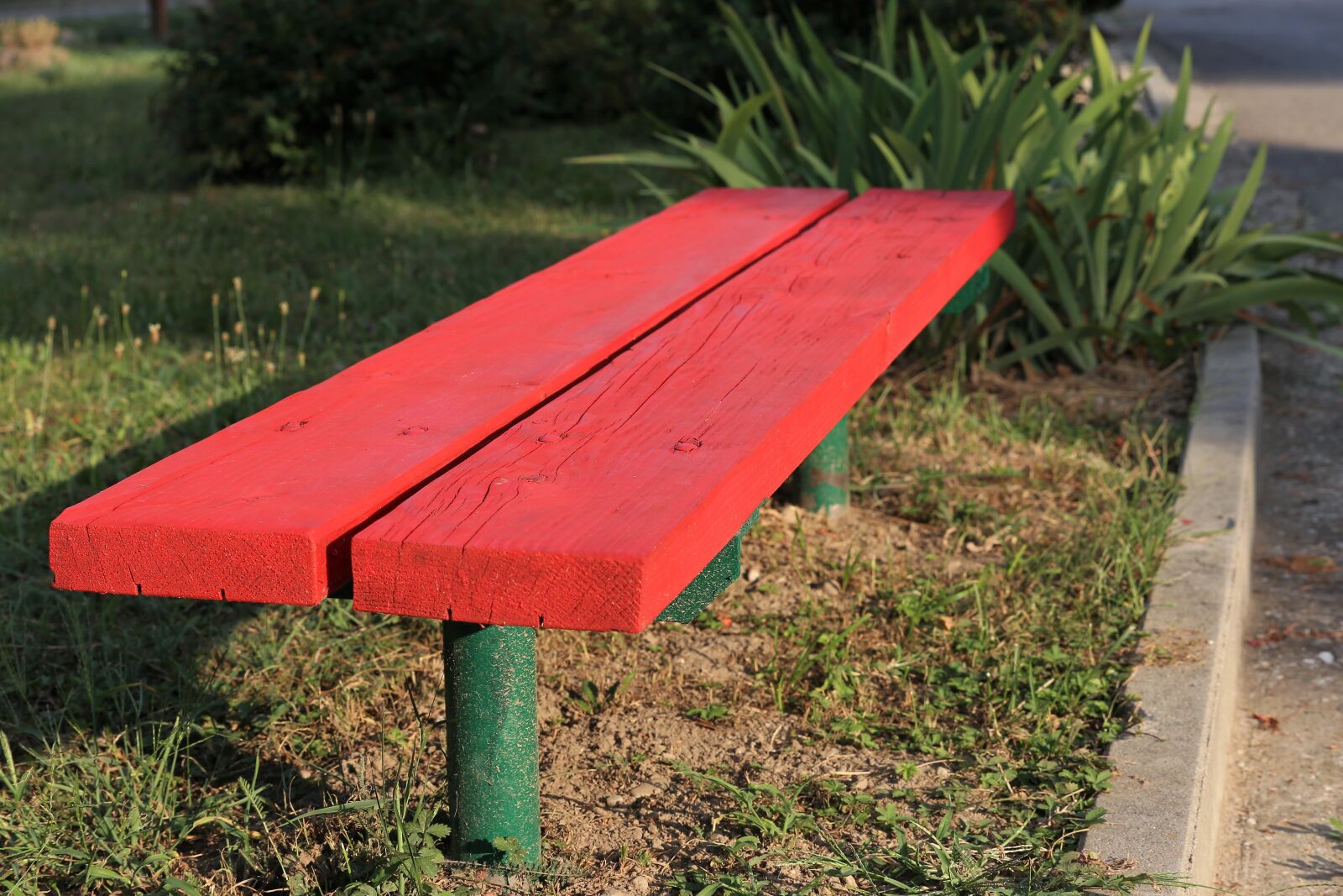 Canon EF 70-300 F4-5.6 IS II USM sample photo. Red bench, park, green photography