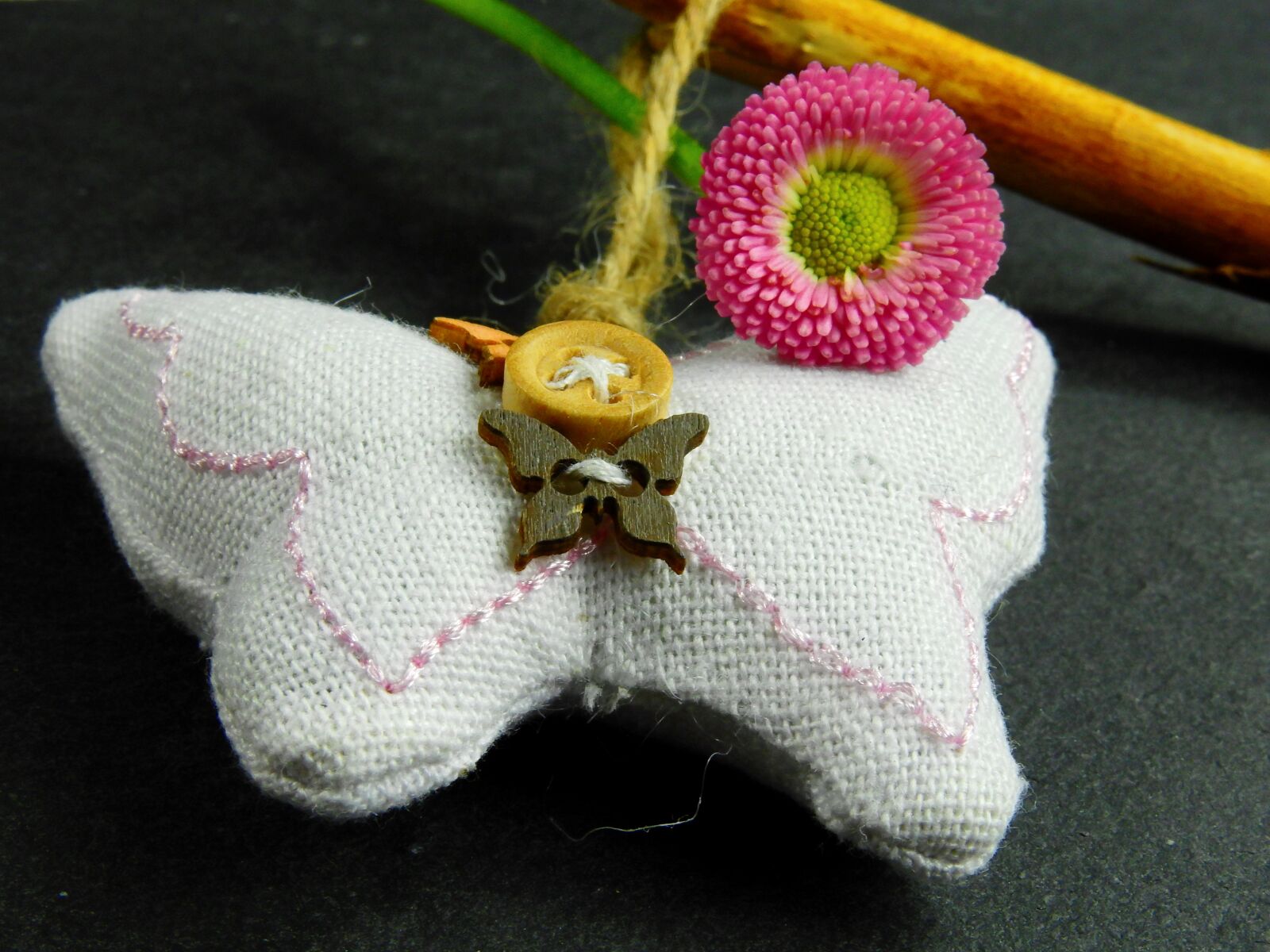 Nikon Coolpix P900 sample photo. Pillow, button, butterfly photography