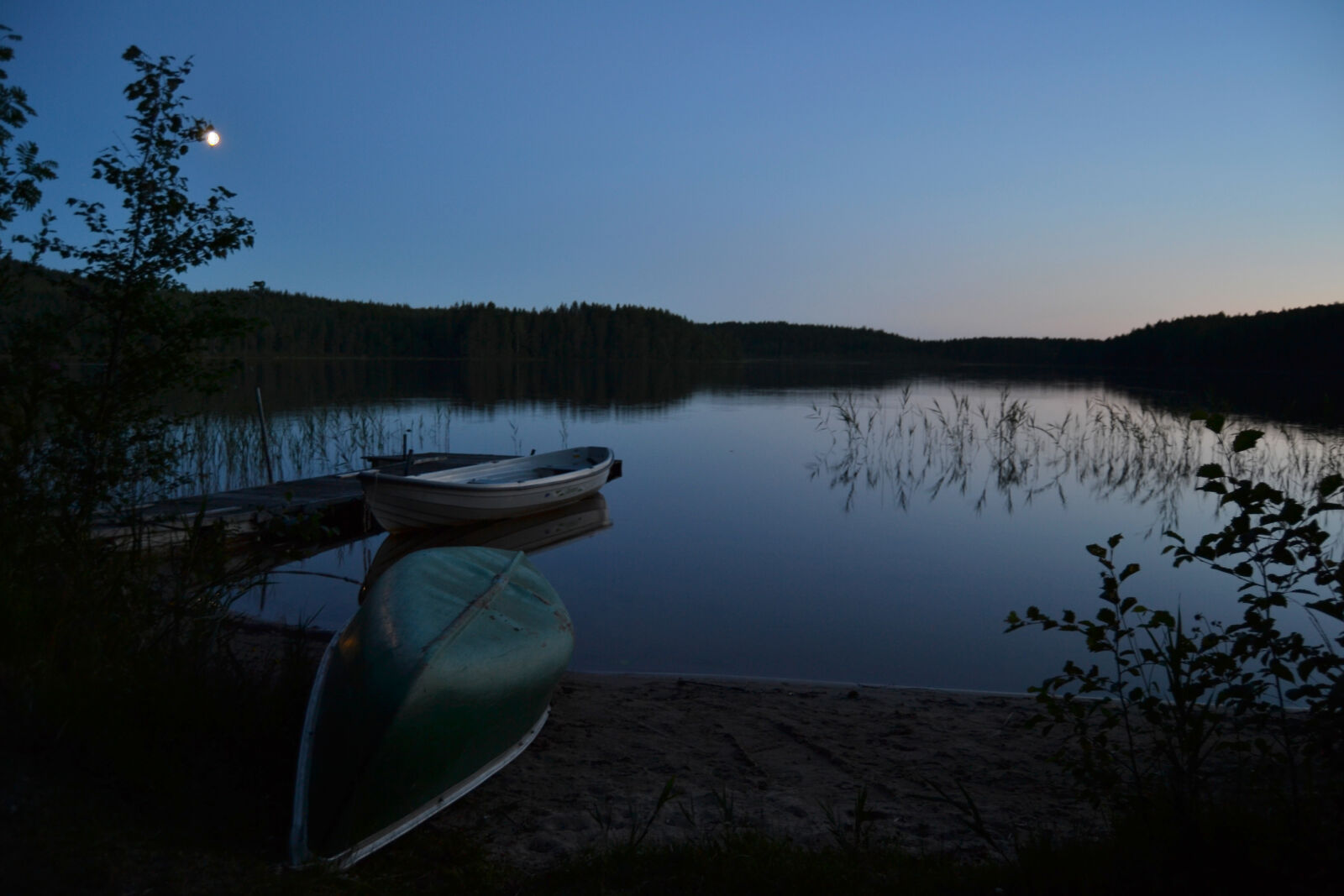 Nikon D3100 sample photo. Moon, lake, boat, stars photography