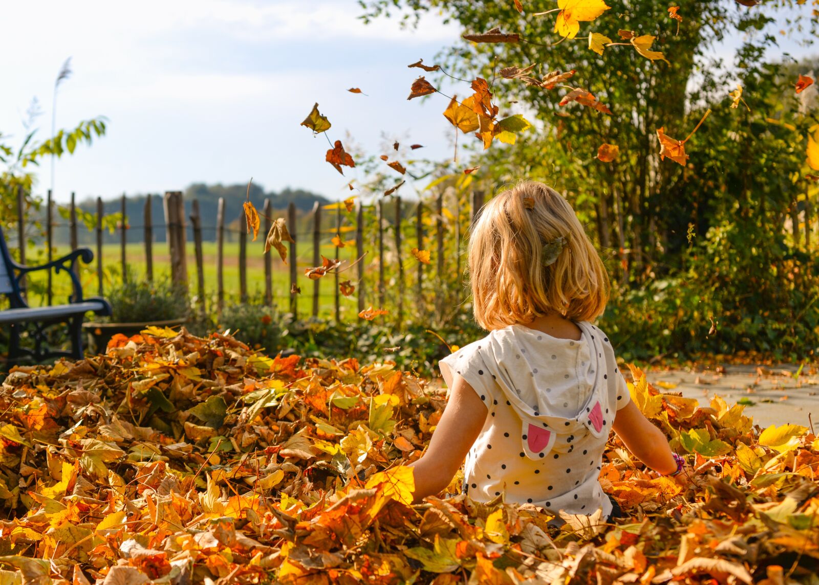 Nikon D610 sample photo. Girl, playing, leaves photography