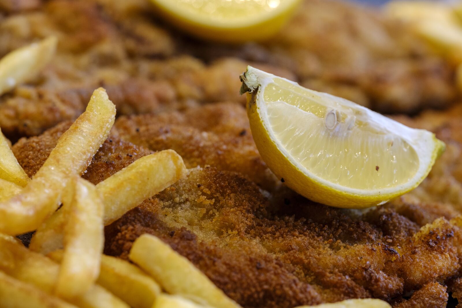 Fujifilm X-T2 + Fujifilm XF 80mm F2.8 R LM OIS WR Macro sample photo. Schnitzel, french, lemon photography