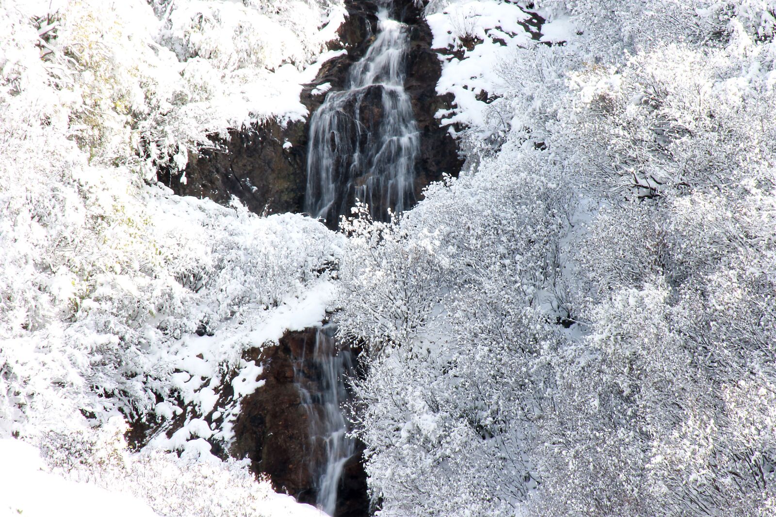 Canon EF 75-300mm f/4-5.6 sample photo. Waterfall, snowy landscape, nature photography